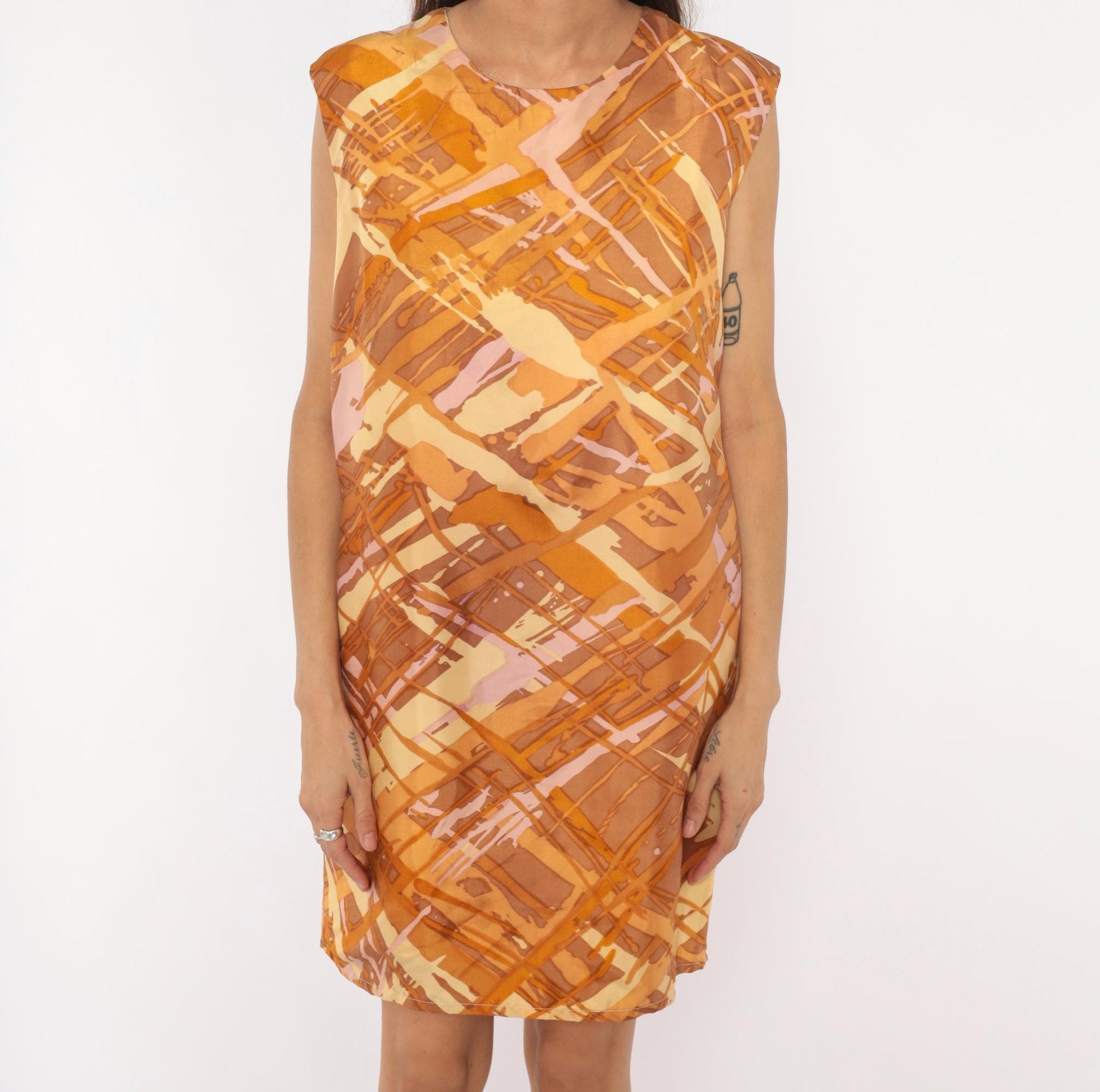60s Mod Abstract Brushstroke Shift Dress Sleeveless Knee-Length Orange Brown Large L