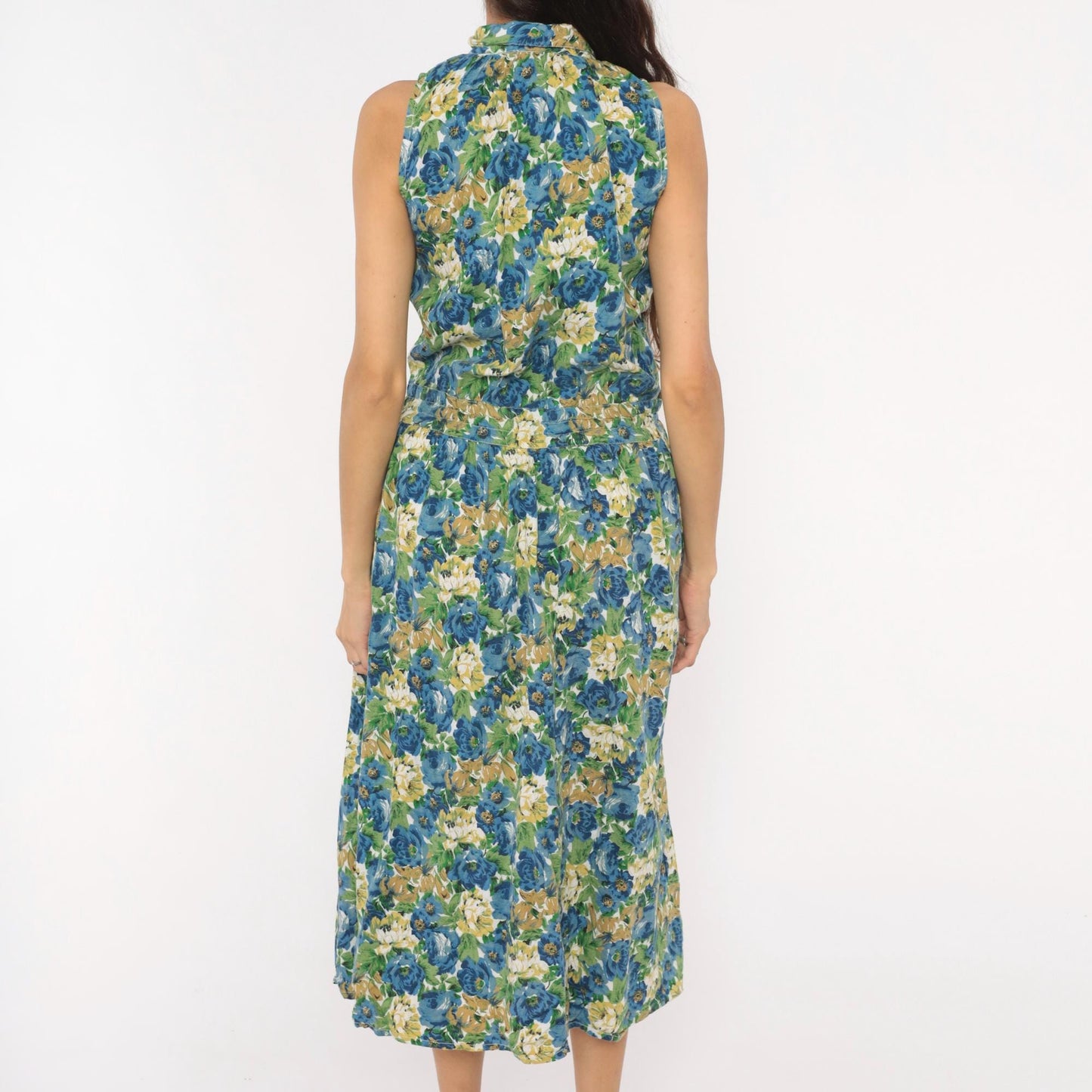 90s Penbrooke Lane Floral Shirtdress Midi Collared Sleeveless Blue Rose Medium M