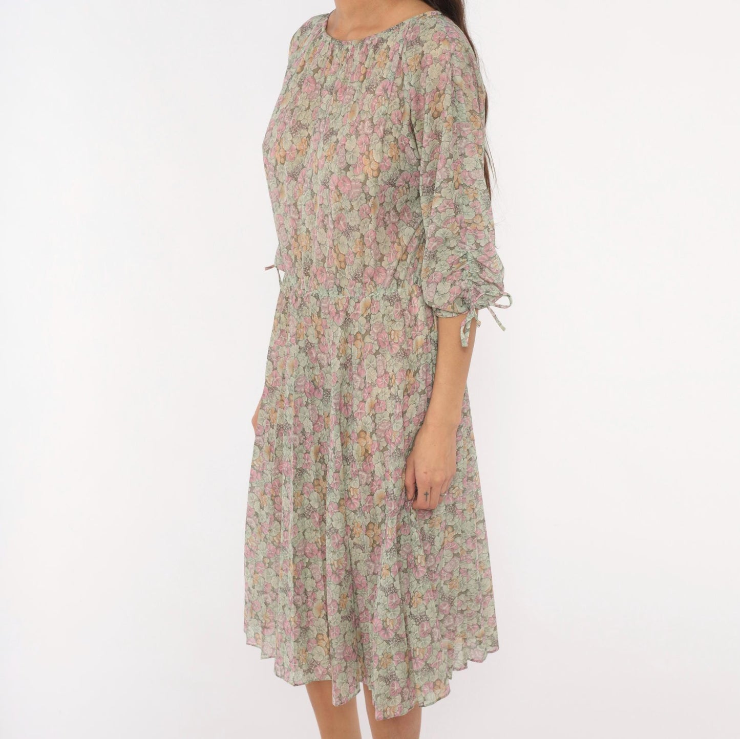 70s Bleeker Petites Floral Blouson Dress Pink Sage Green Tie Sleeve Small Medium