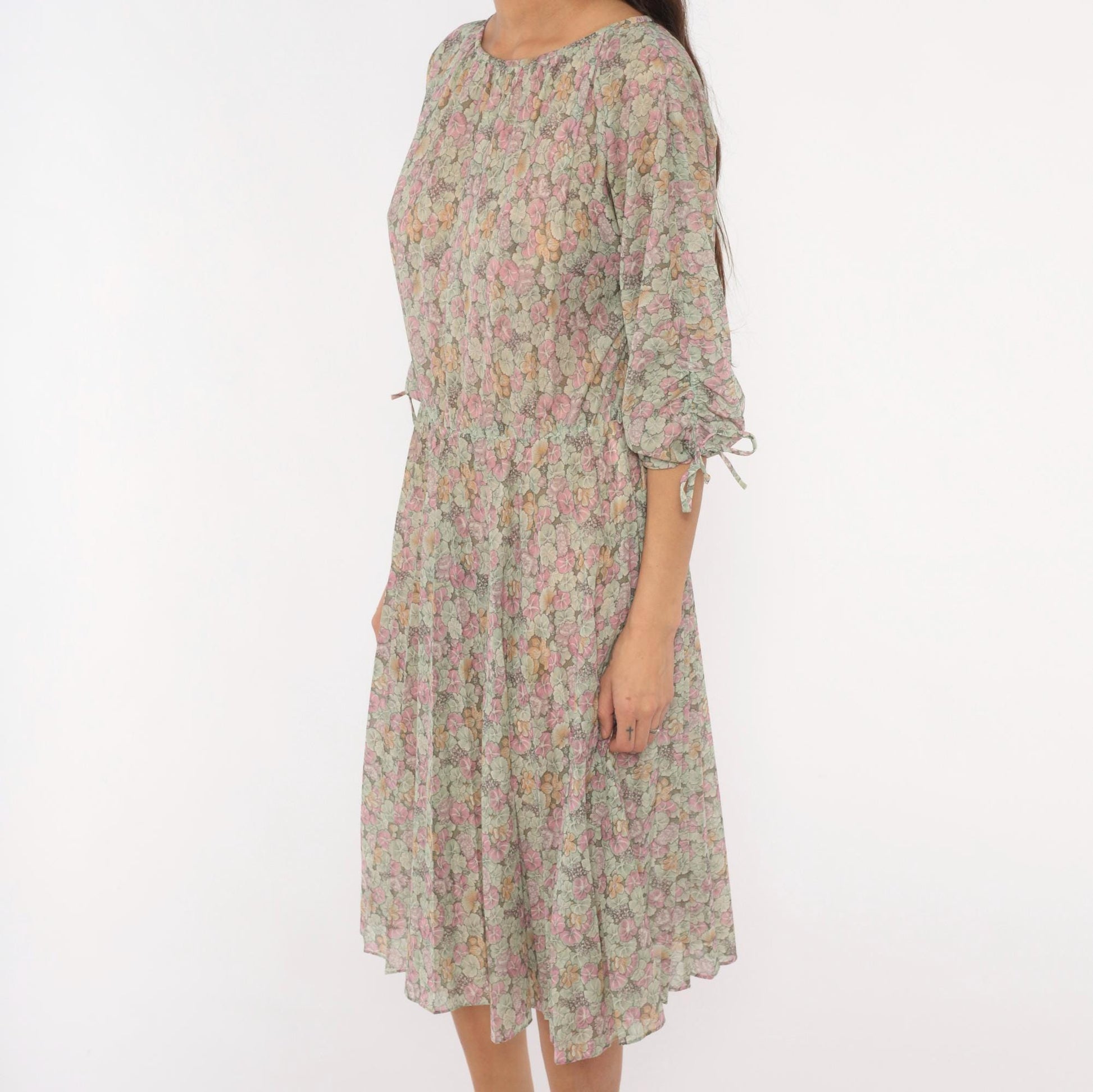 70s Bleeker Petites Floral Blouson Dress Pink Sage Green Tie Sleeve Small Medium