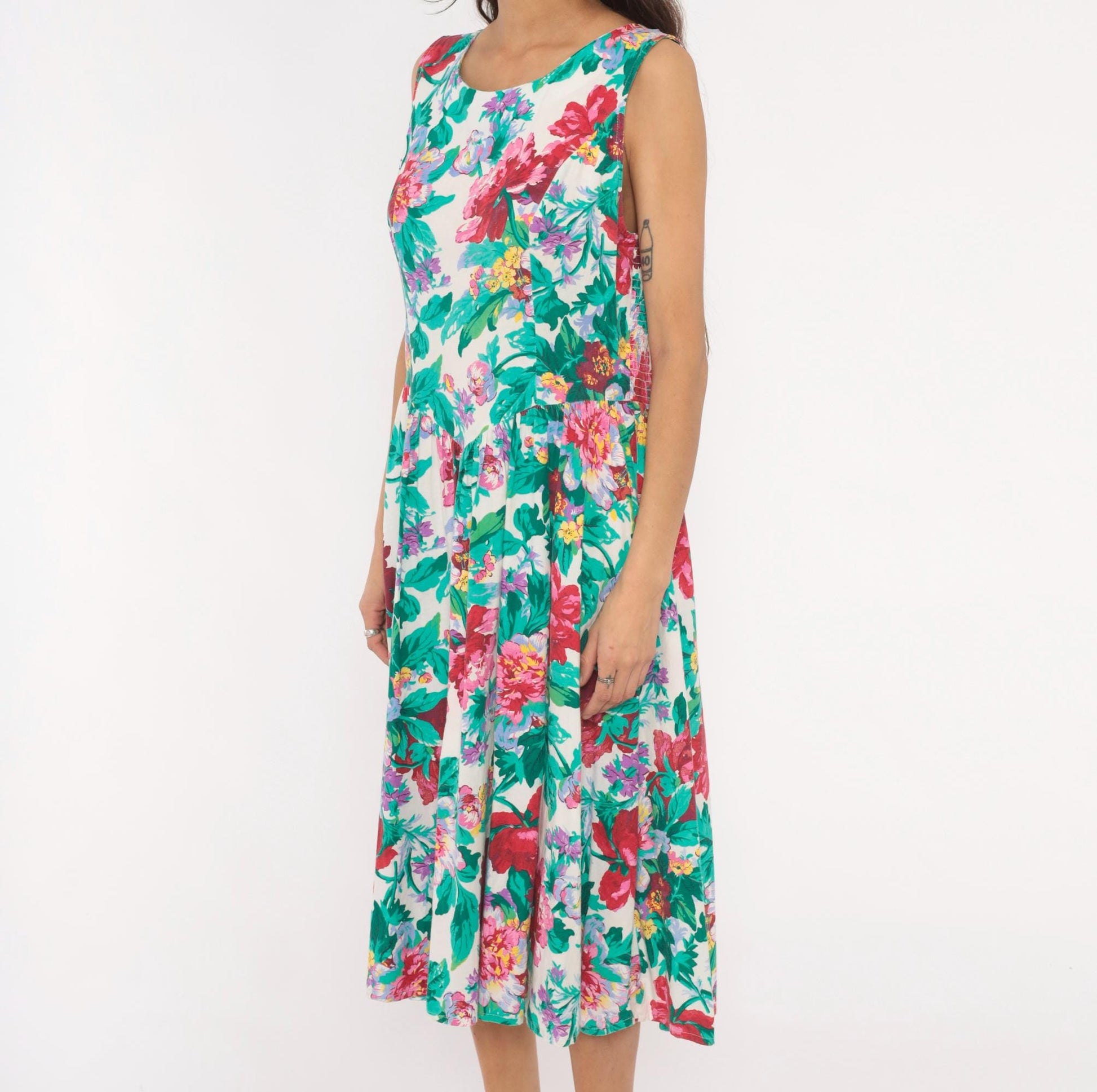 90s Brittany Nicole Floral Midi Sundress Cotton Peony Print Cream Large Petite