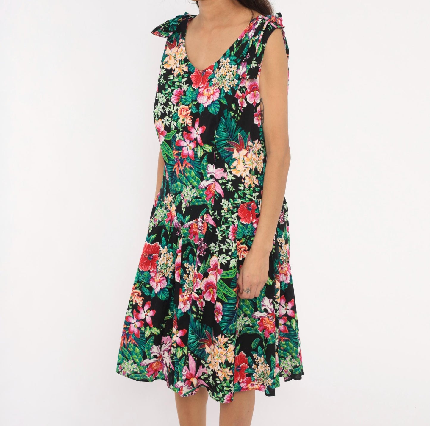 90s D.L. Originals Tropical Floral Sundress Black Pink Cotton Plus Size 1X