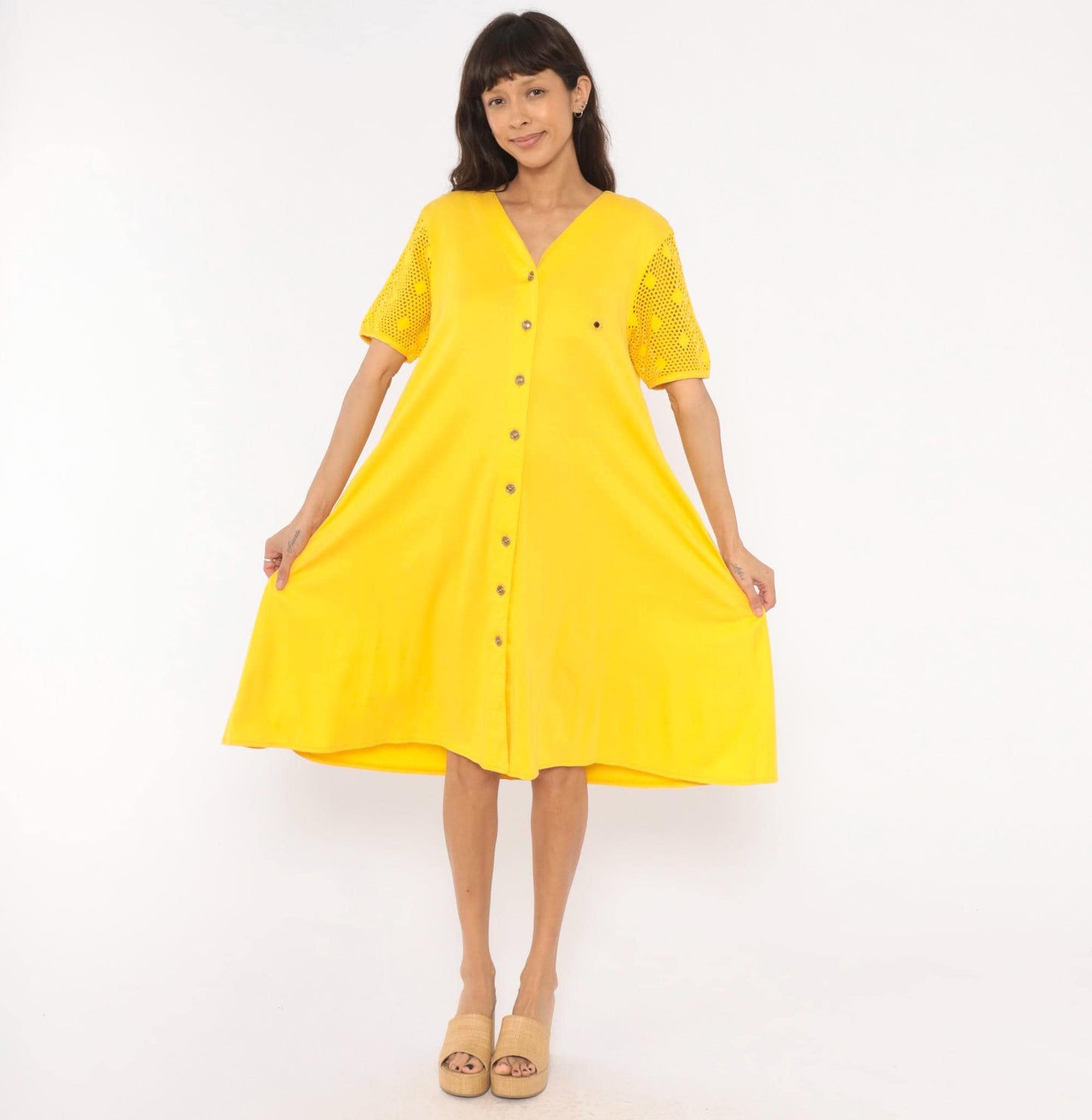90s Leisure Living Sunflower Embroidered Dress Yellow Cotton Mesh Sleeve Small