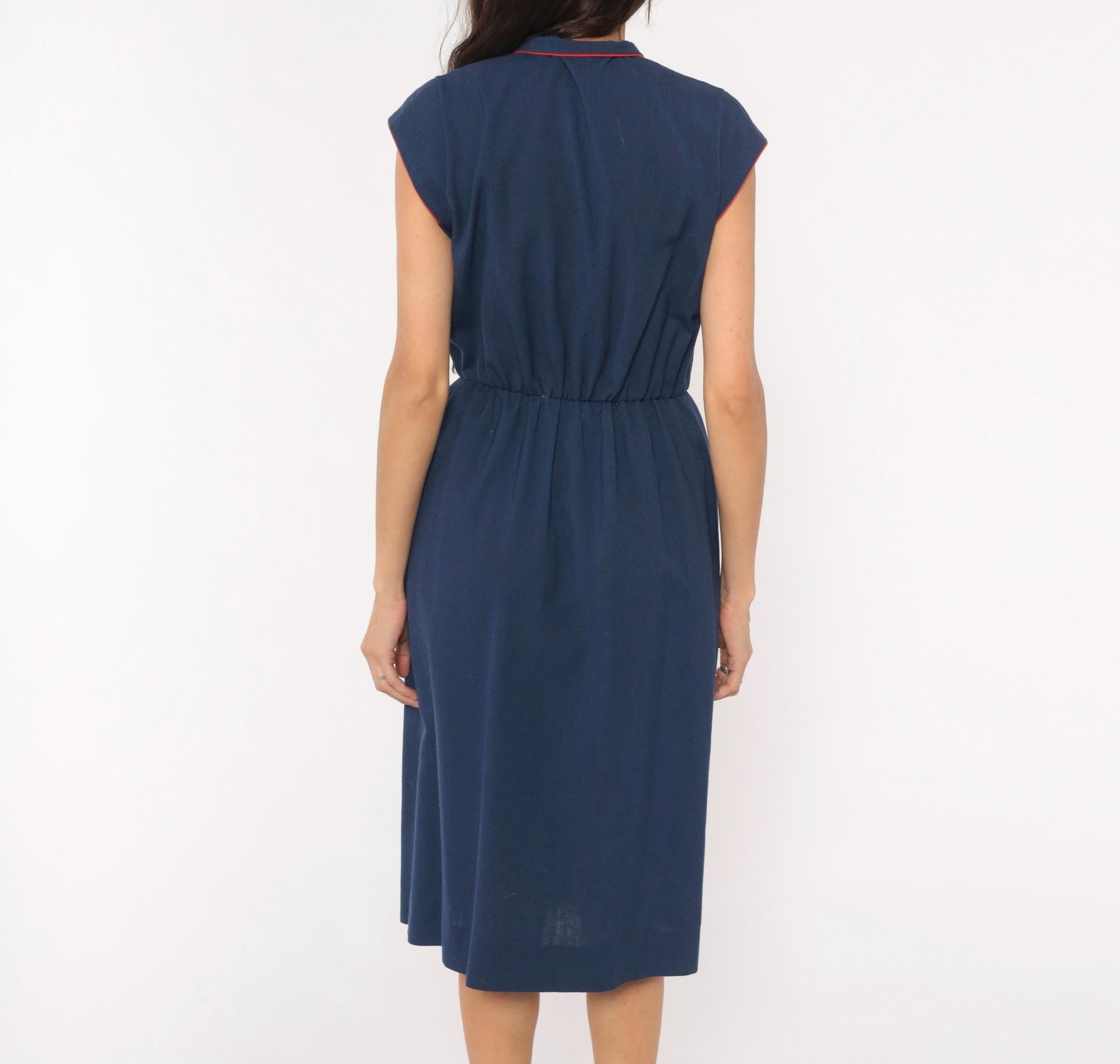 80s Leslie Fay Navy Pintuck Shirtdress Red Piping V-Neck Knee-Length Small Medium