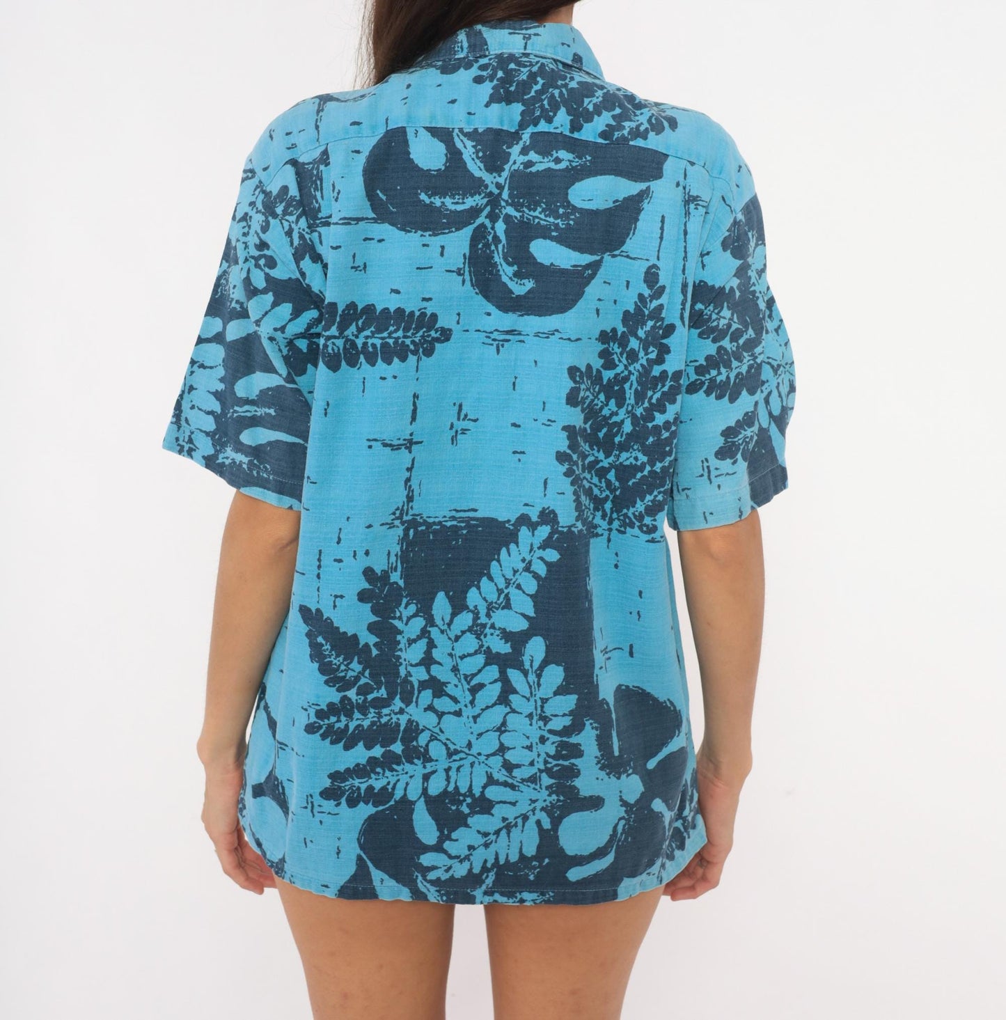 80s Alohawaii Hawaiian Shirt Blue Botanical Fern Cotton Camp Collar Medium