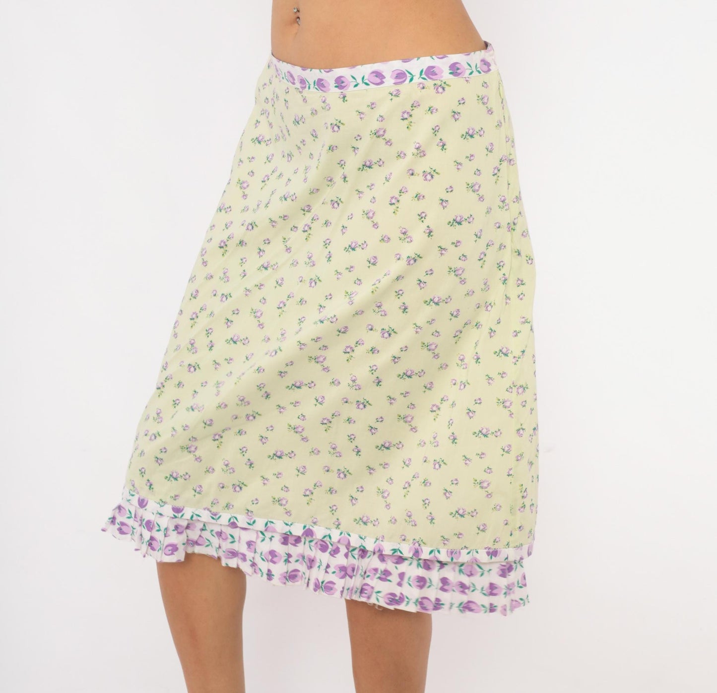 2000s Snak Floral A-Line Skirt Pale Green Purple Rose Print Knee-Length Medium M