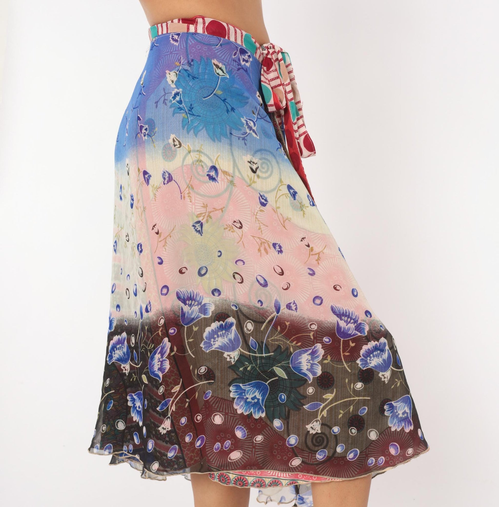 Y2K Kariza Reversible Wrap Midi Skirt Floral Patchwork Blue Pink Medium Large