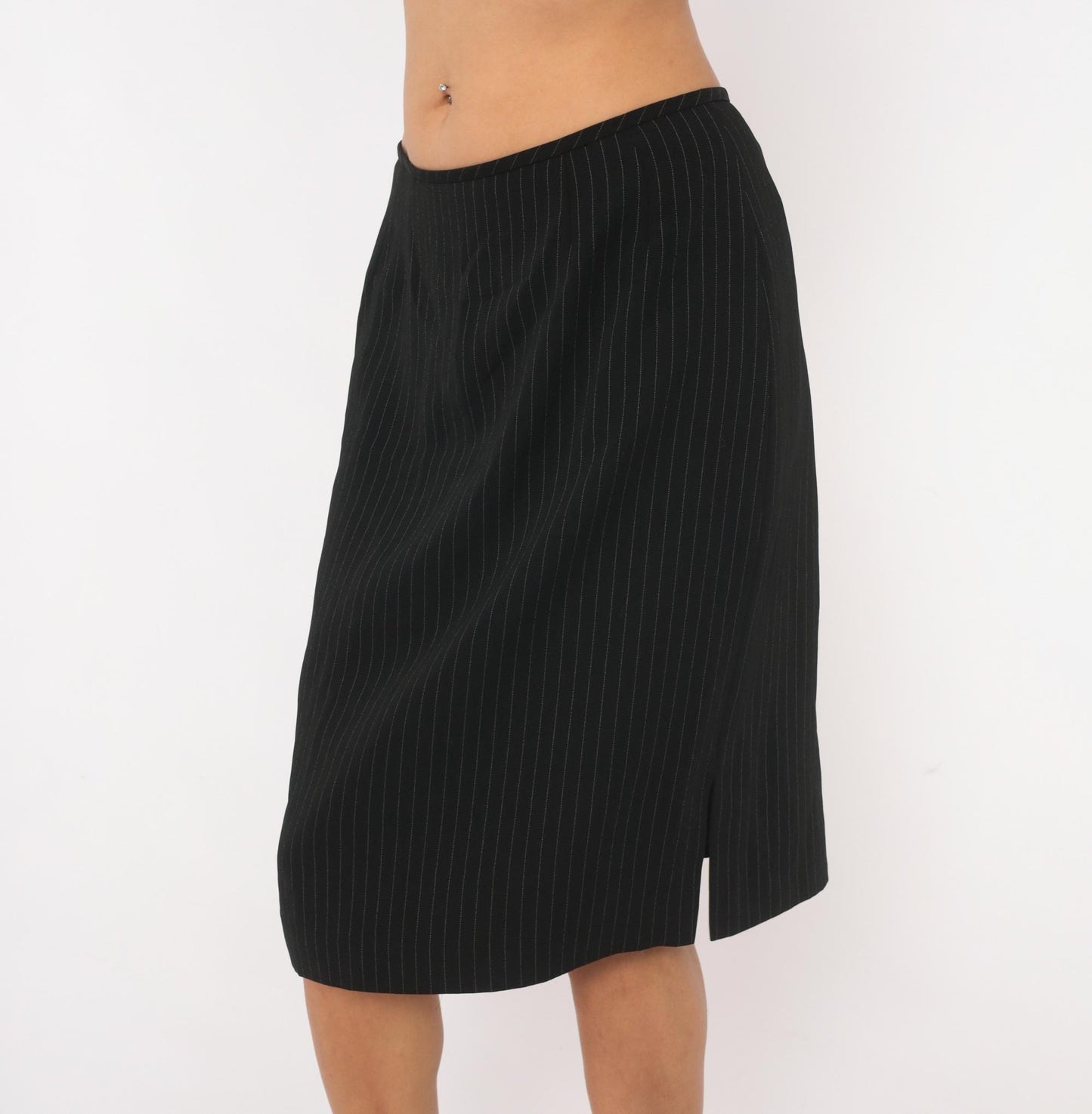 2000s Black Pinstripe A-Line Skirt White Stripe Knee-Length Medium M