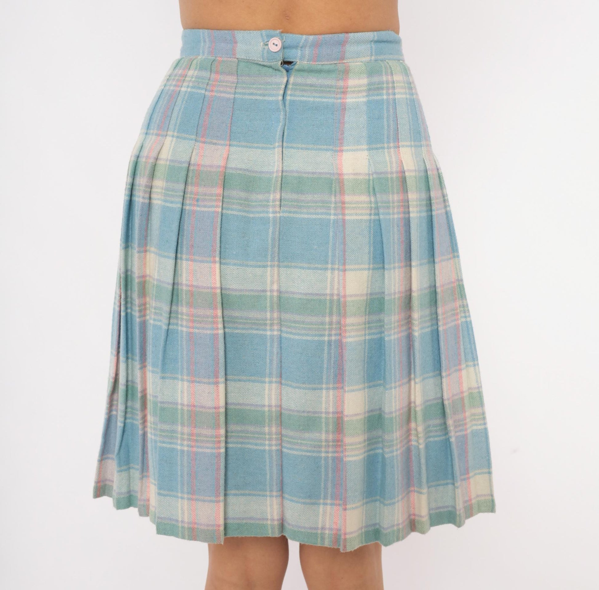 90s Pastel Plaid Pleated Skirt Wool Blend Blue Pink Green Tartan Knee-Length Extra Small