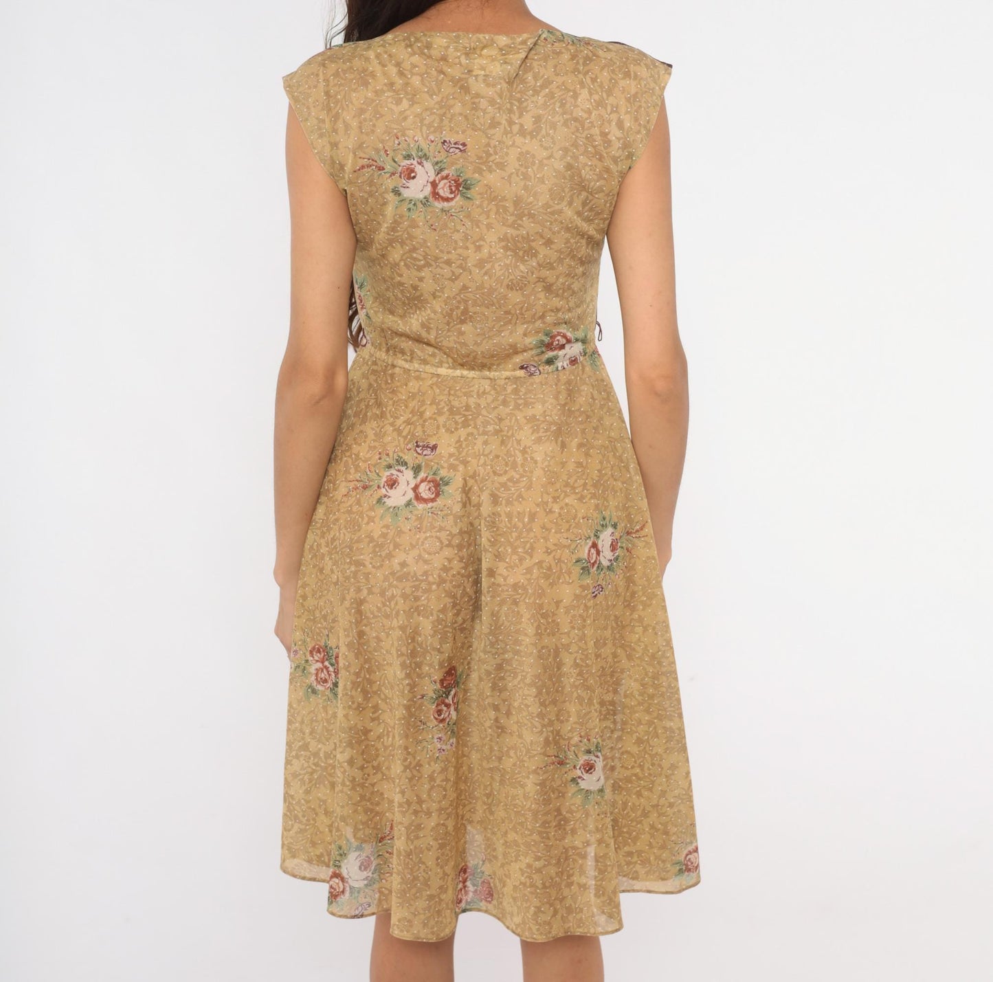 80s Melissa Petites Floral Polka Dot Dress Tan Burgundy Cap Sleeve Small