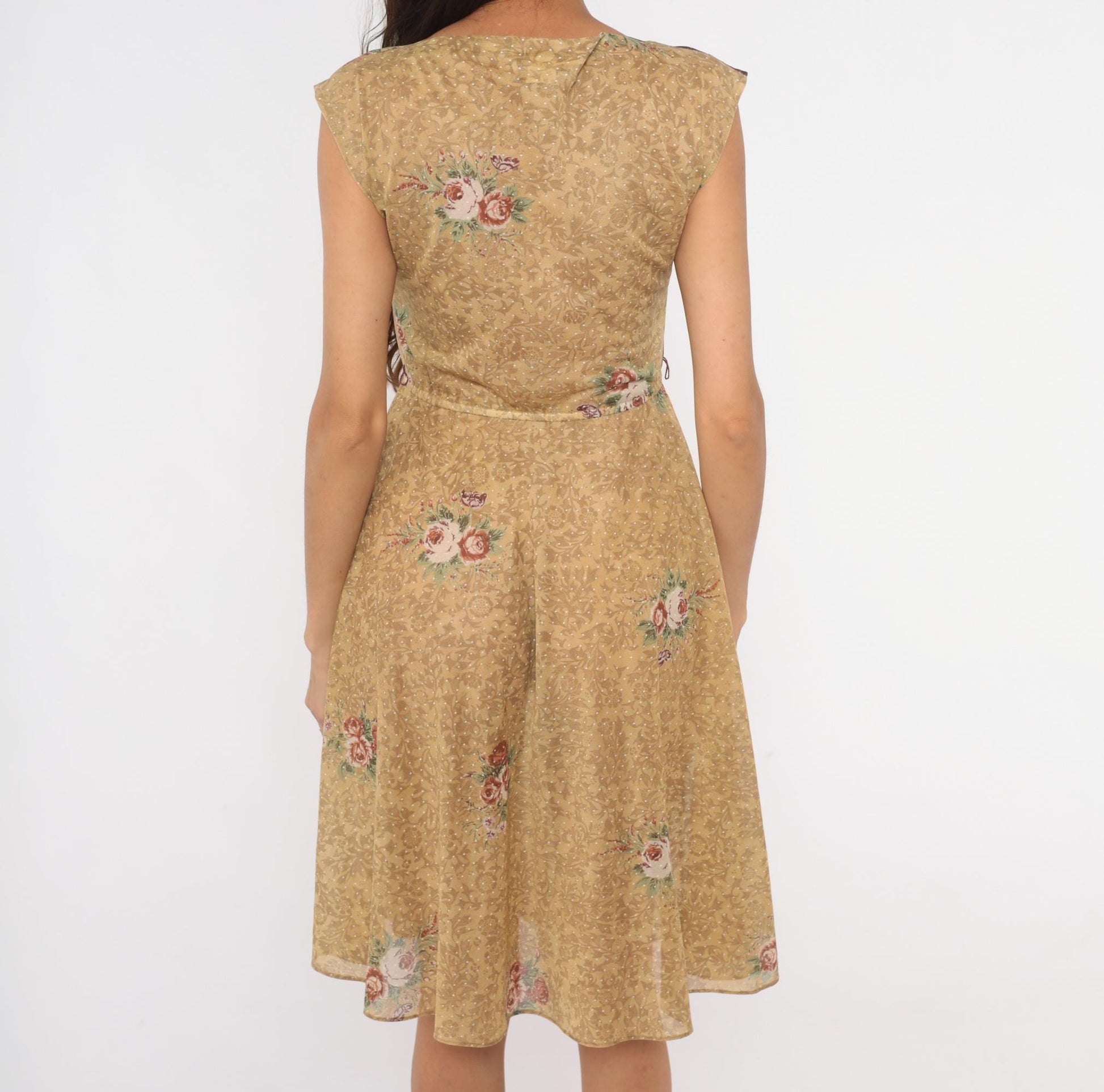 80s Melissa Petites Floral Polka Dot Dress Tan Burgundy Cap Sleeve Small