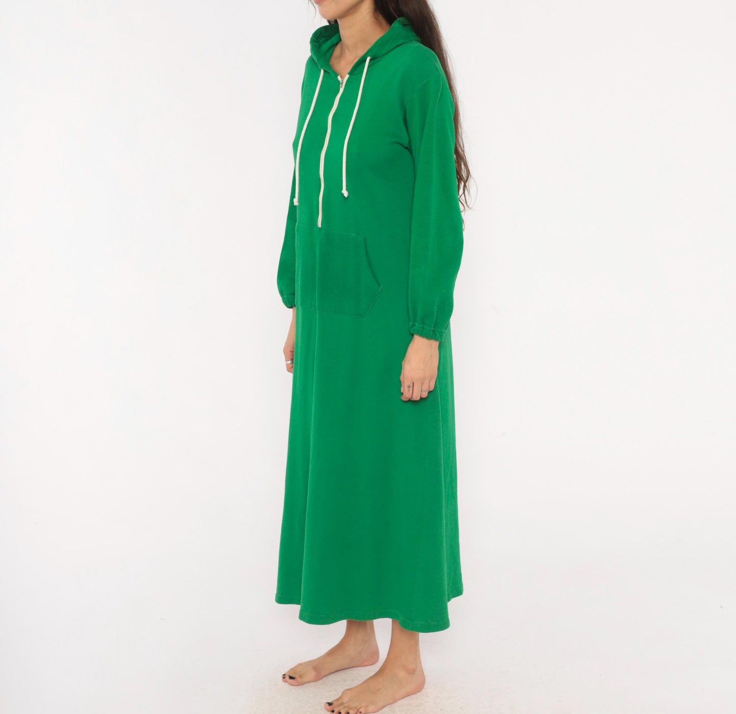 80s Sportwear Emerald Green Hooded Maxi Dress Half-Zip Balloon Sleeve Medium