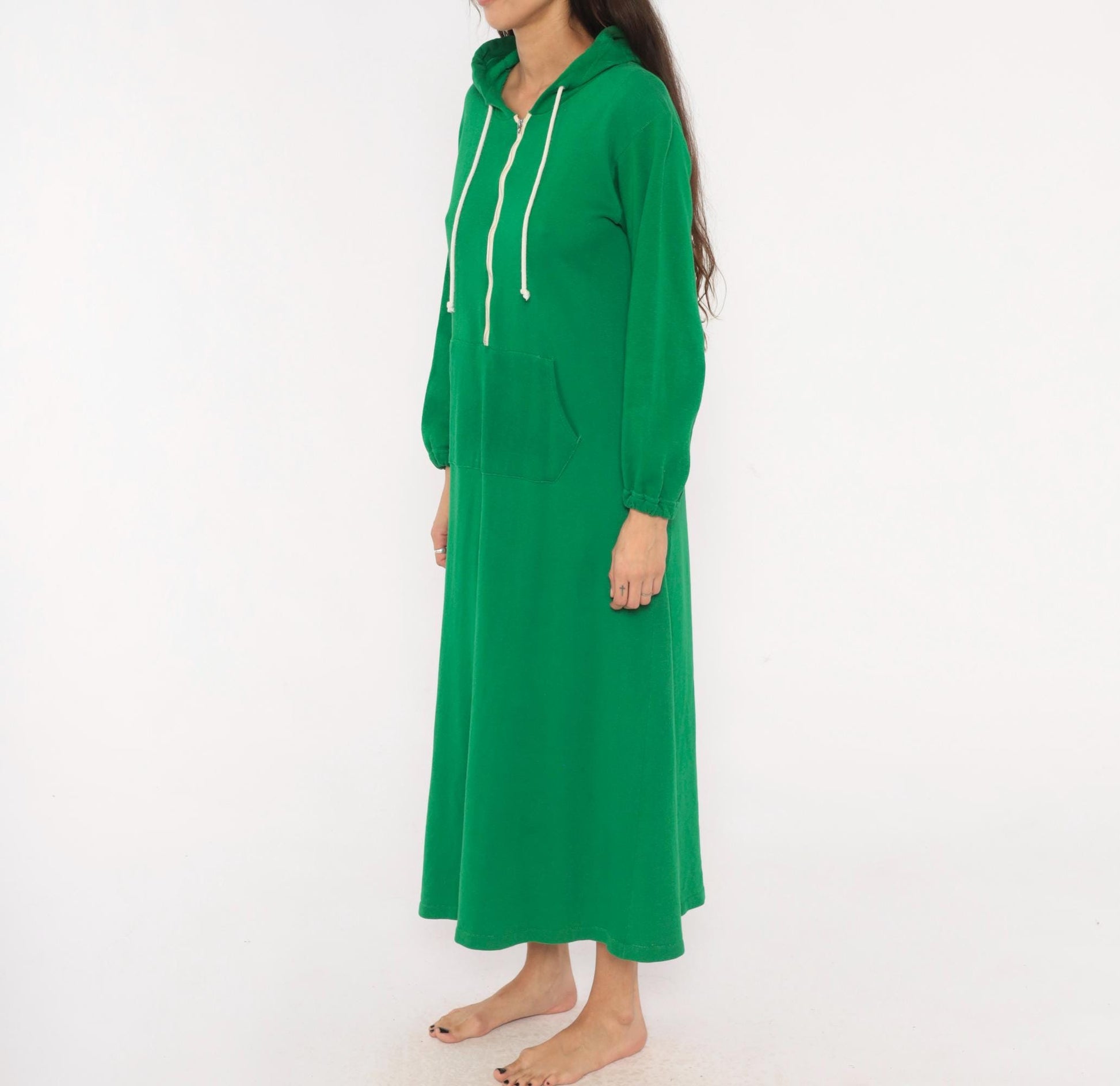 80s Sportwear Emerald Green Hooded Maxi Dress Half-Zip Balloon Sleeve Medium