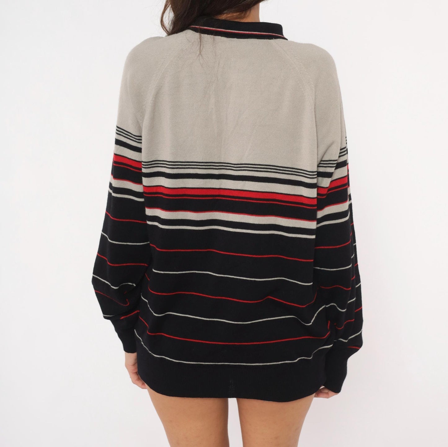 80s Colin Lt Marx Striped Polo Sweater Black Grey Red Raglan Knit Large