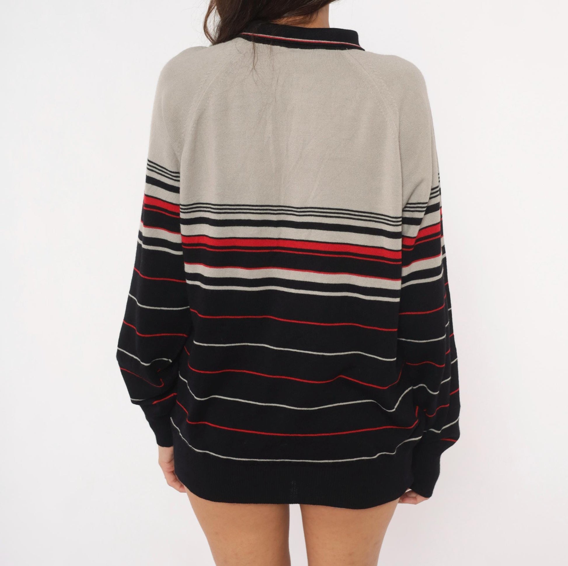 80s Colin Lt Marx Striped Polo Sweater Black Grey Red Raglan Knit Large