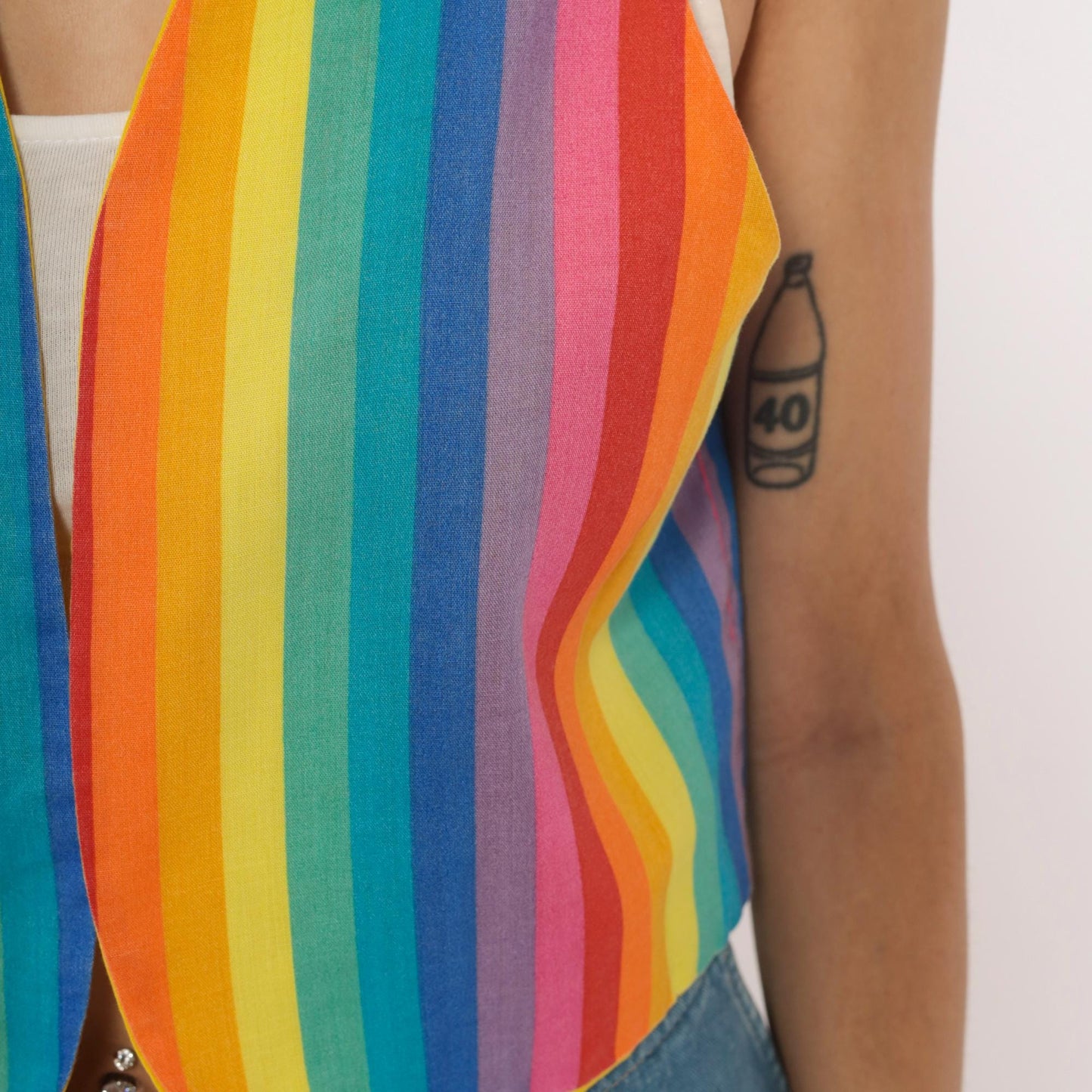 80s Rainbow Stripe Cotton Vest Reversible Yellow Lined Cropped Waistcoat Small