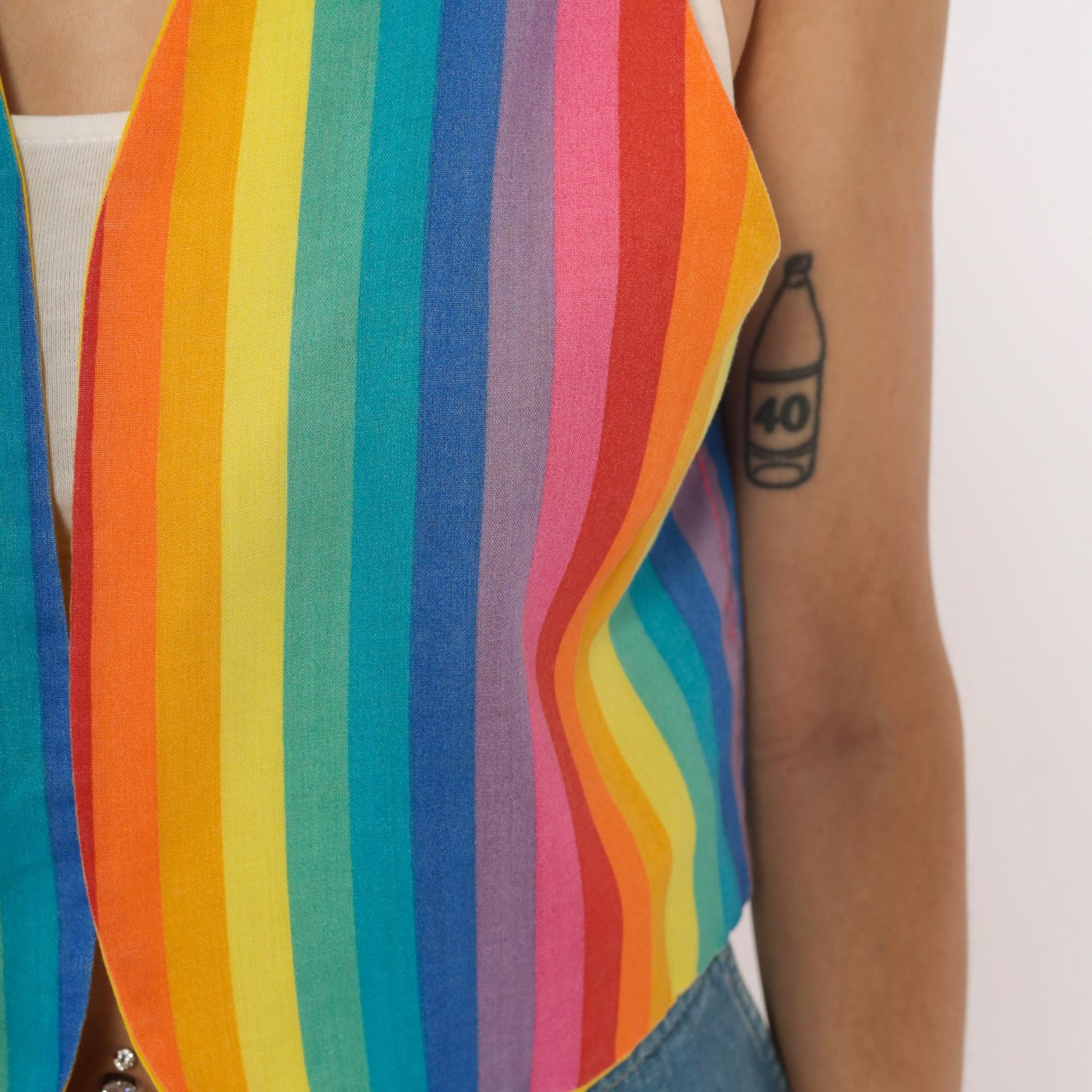 80s Rainbow Stripe Cotton Vest Reversible Yellow Lined Cropped Waistcoat Small