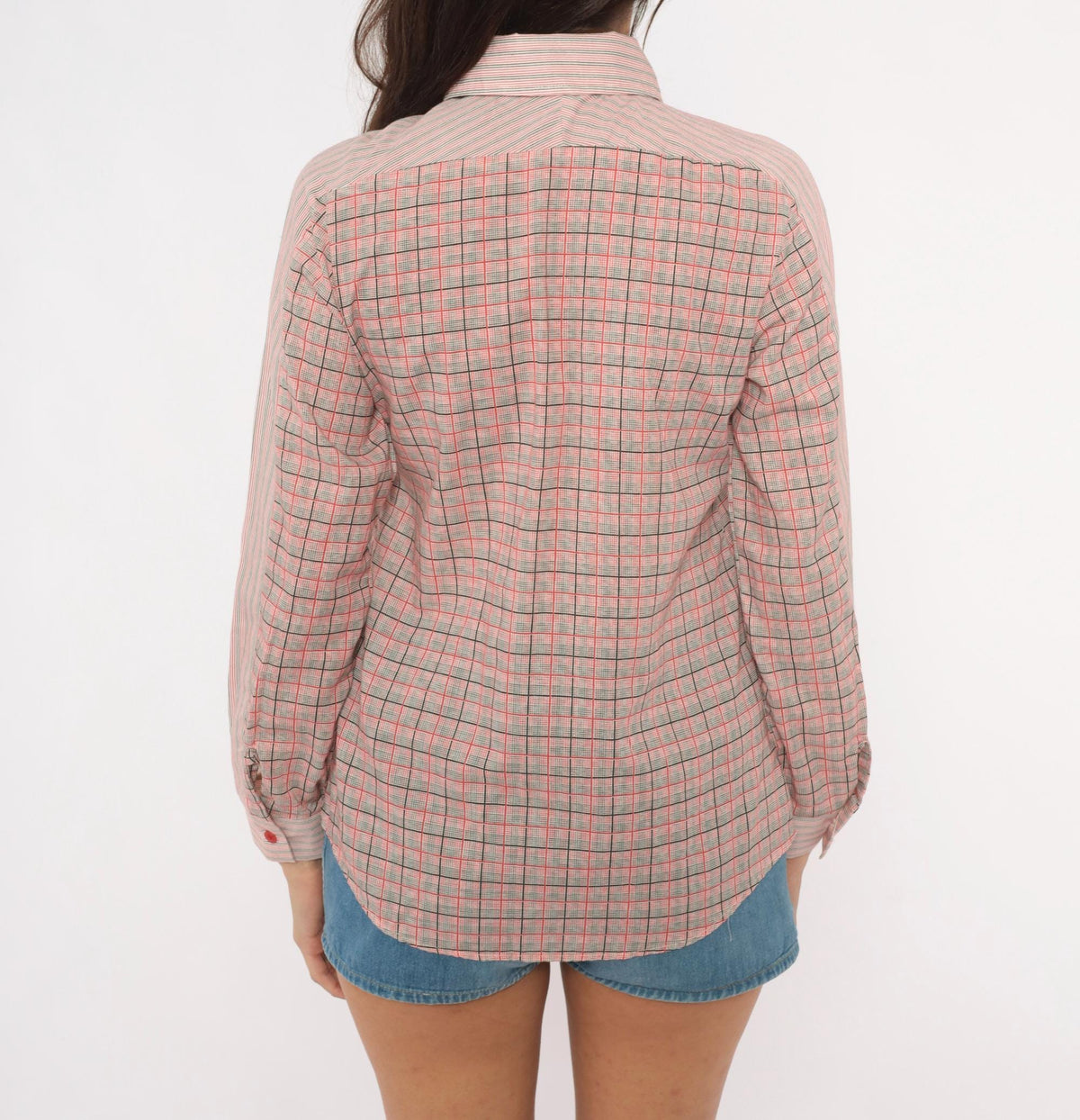 80s Plaid Button-Front Blouse Red Black Glen Check Pointed Collar Small