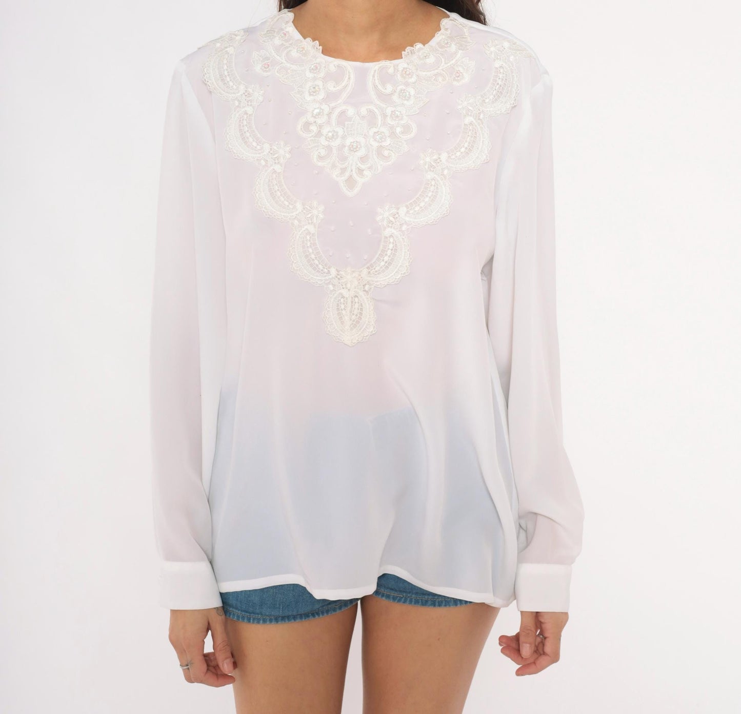 80s Kathy Che Beaded Lace Applique Chiffon Blouse White Long Sleeve Large