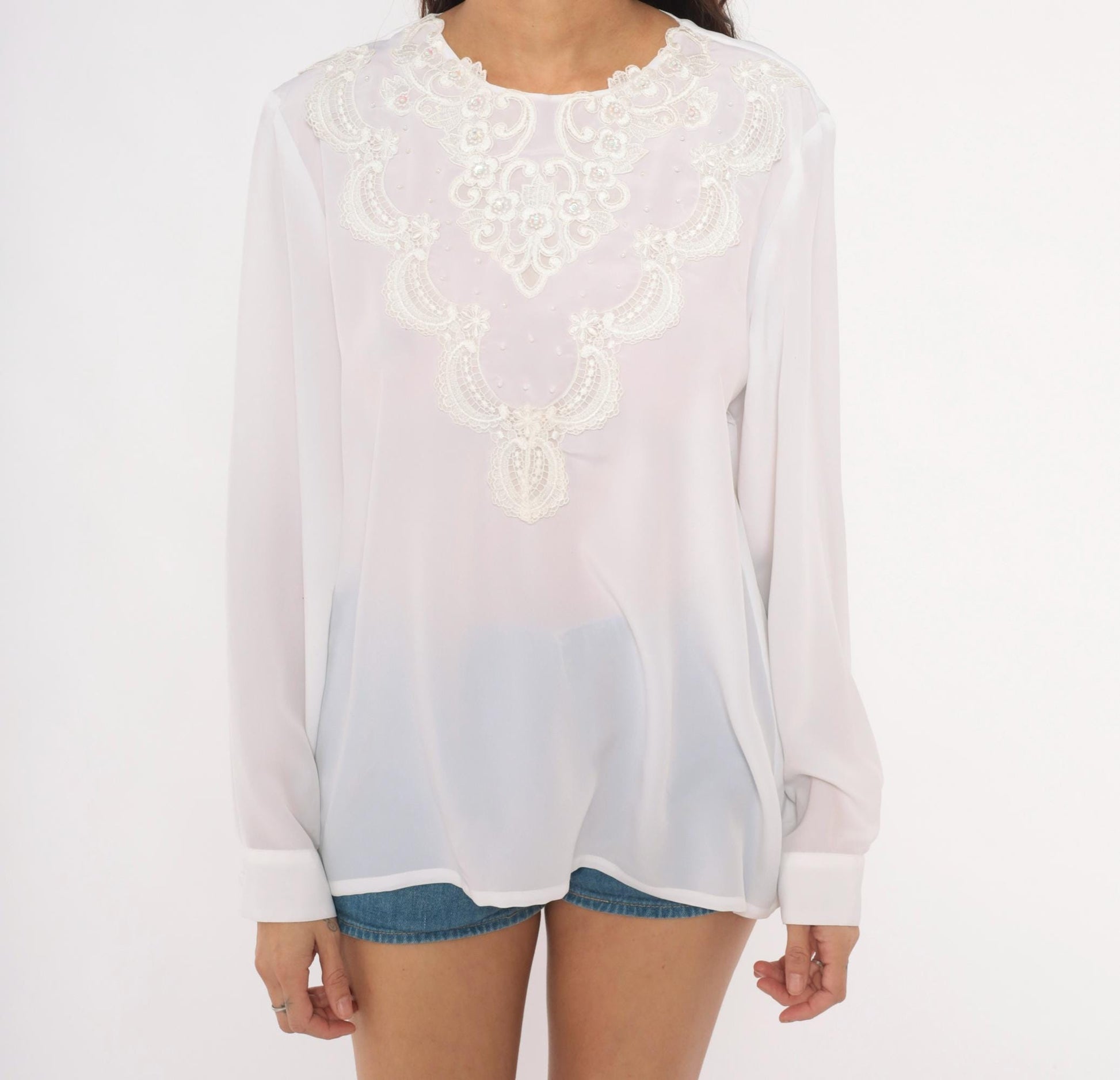 80s Kathy Che Beaded Lace Applique Chiffon Blouse White Long Sleeve Large
