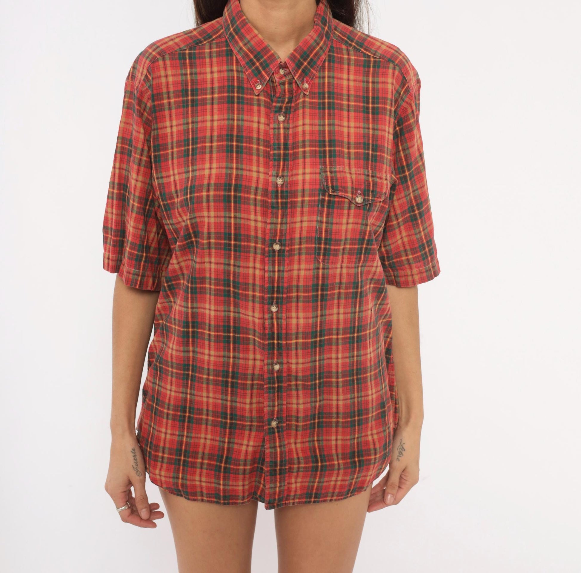 90s Resilio Red Plaid Cotton Button-Down Shirt Short Sleeve Small