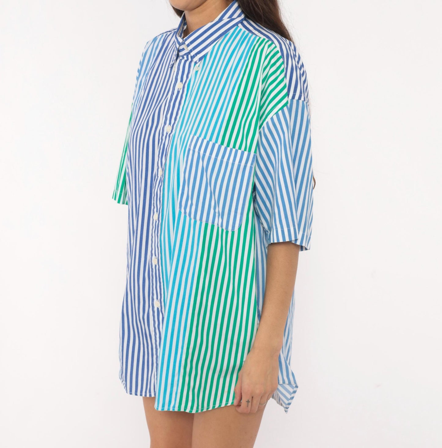 90s Van Heusen Multi-Stripe Patchwork Cotton Button-Up Shirt Large L
