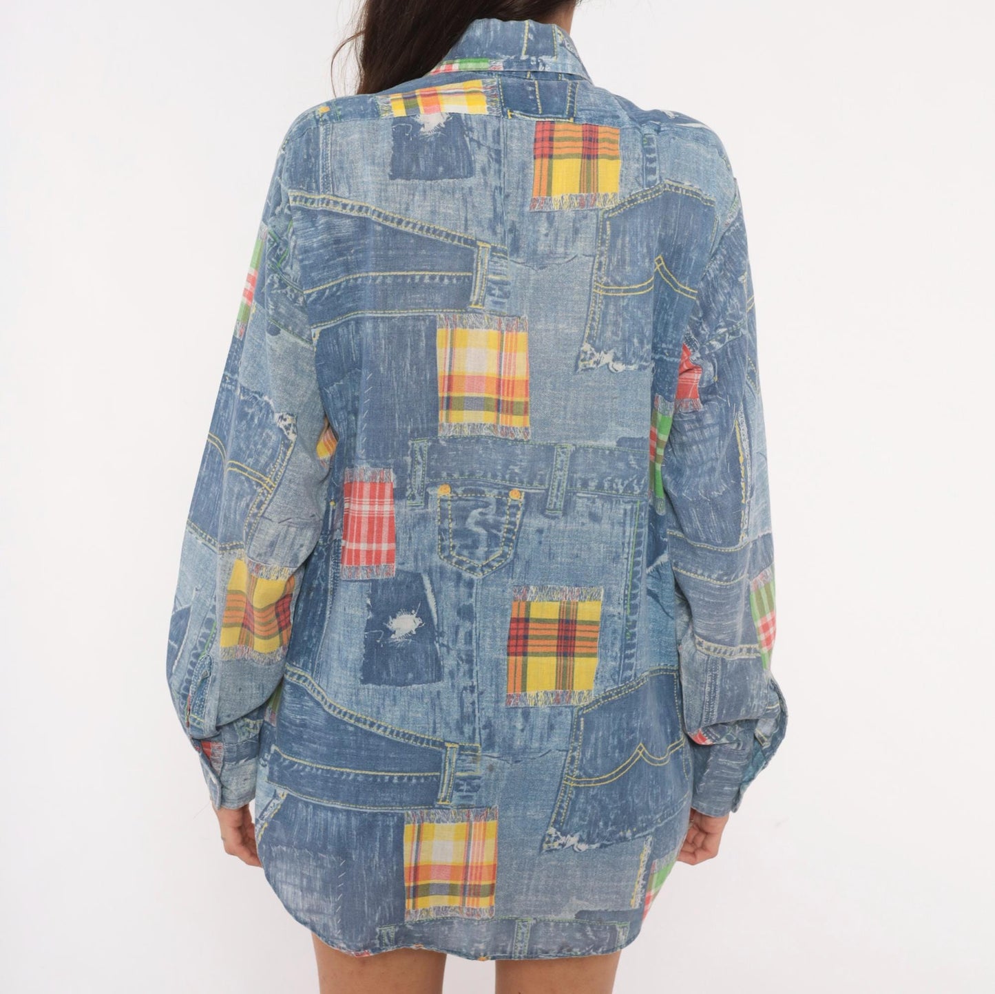 70s Permanent Press Patchwork Denim Print Shirt Madras Plaid Blue Yellow Medium