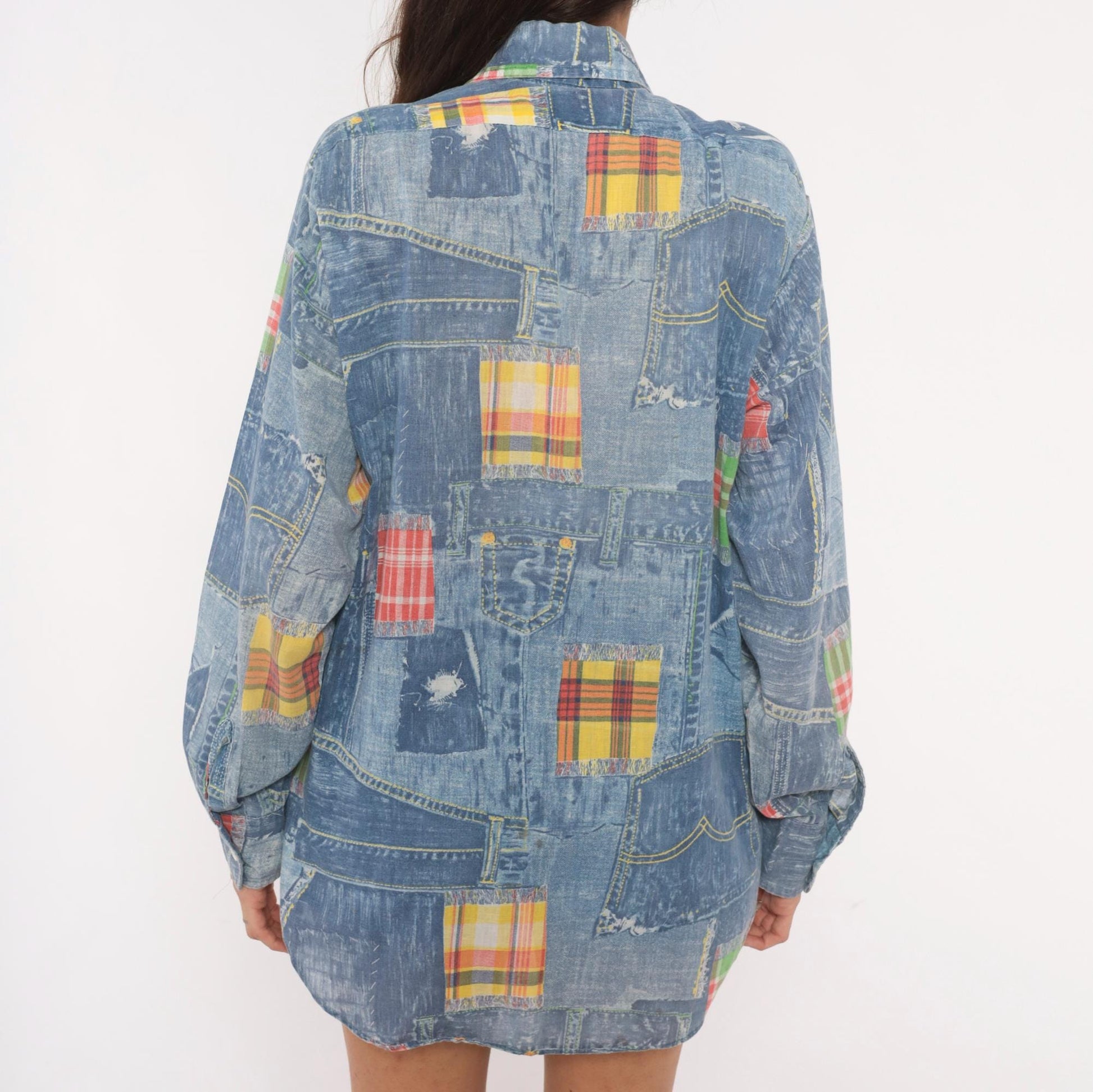 70s Permanent Press Patchwork Denim Print Shirt Madras Plaid Blue Yellow Medium