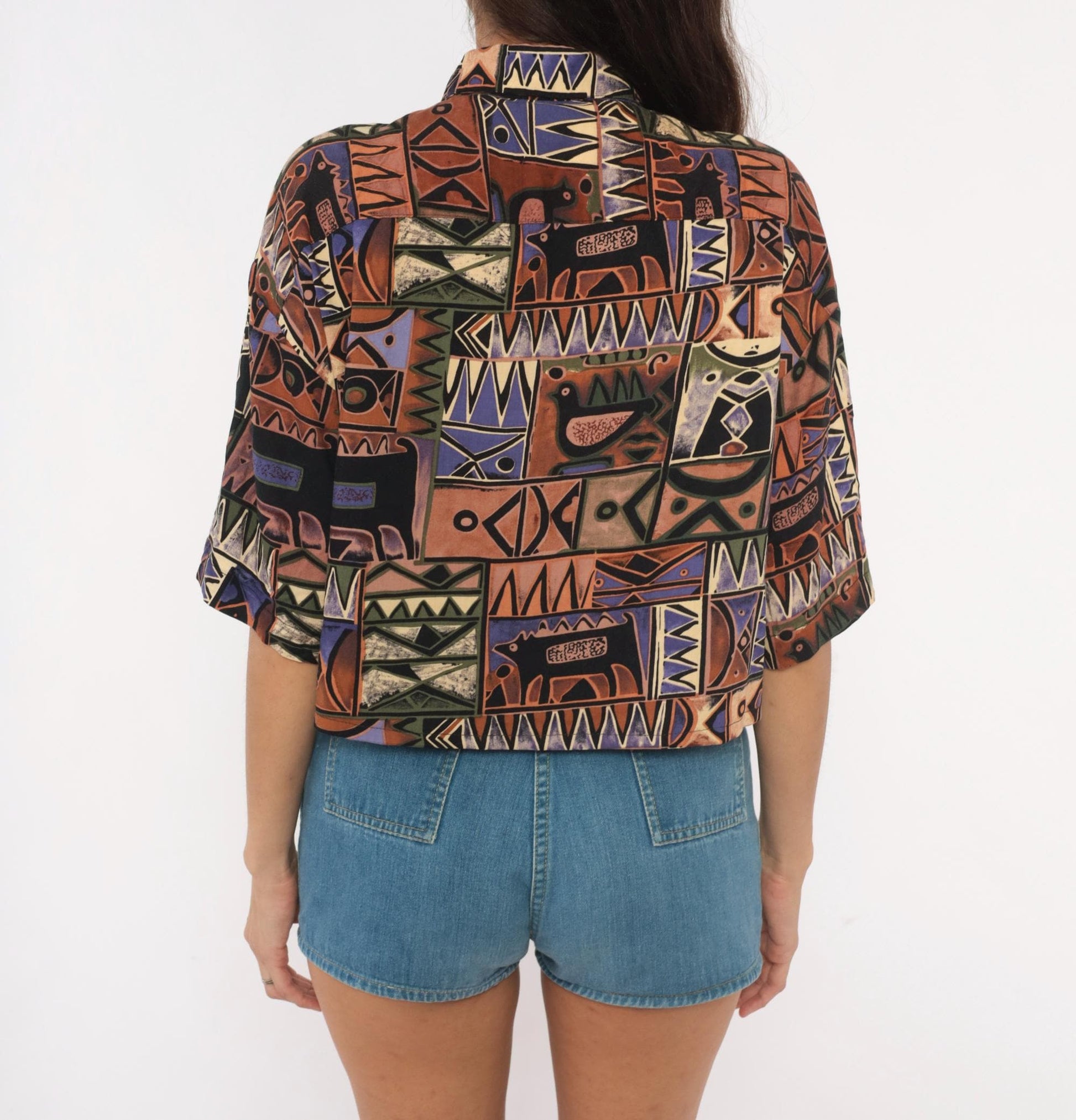 90s Chiamare Abstract Crop Top Shirt Button Front Collared Blouse Brown Purple Geometric Large L