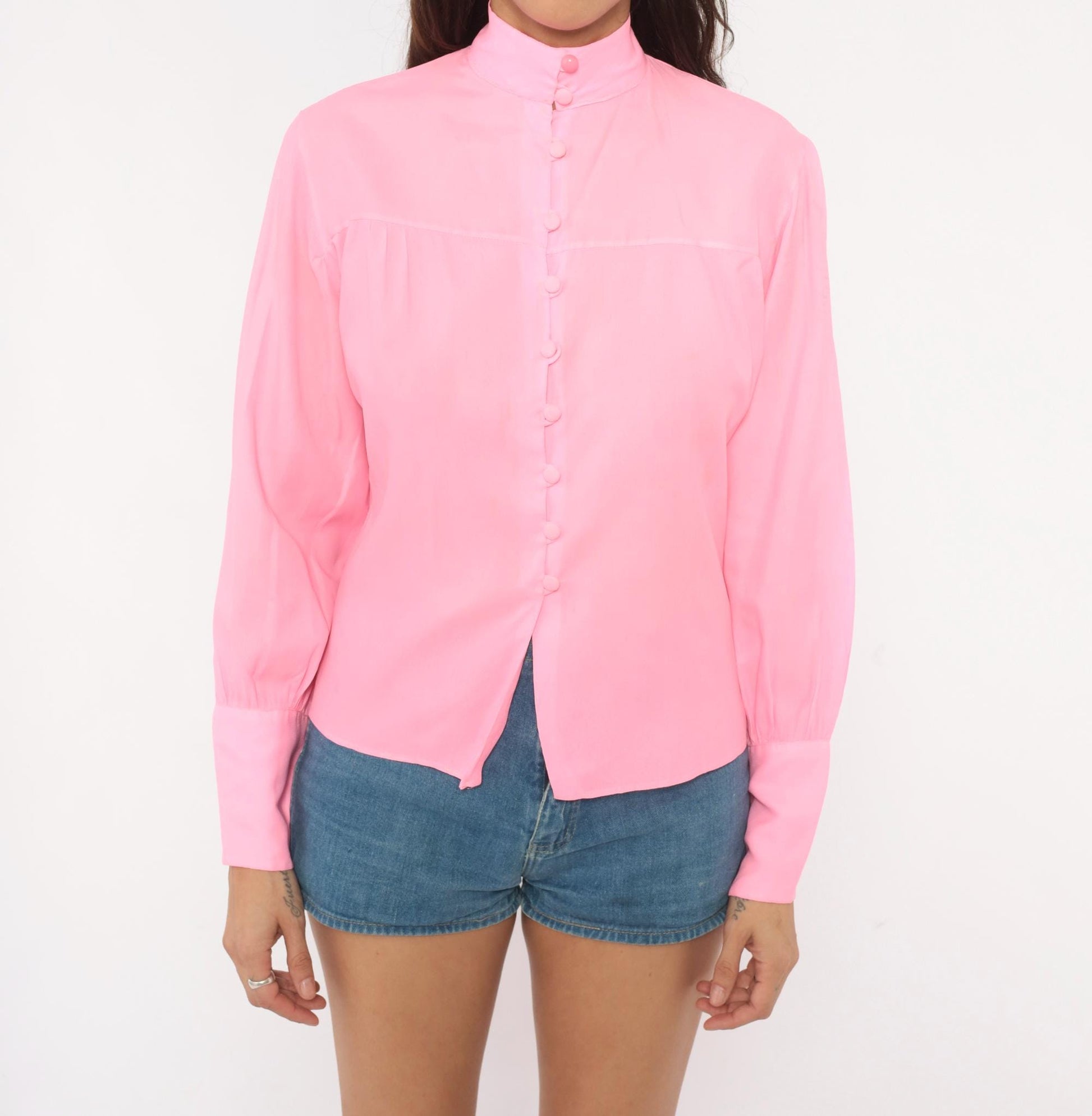 70s Alice Stuart Bubblegum Pink Disco Blouse Mandarin Collar Long Sleeve Small