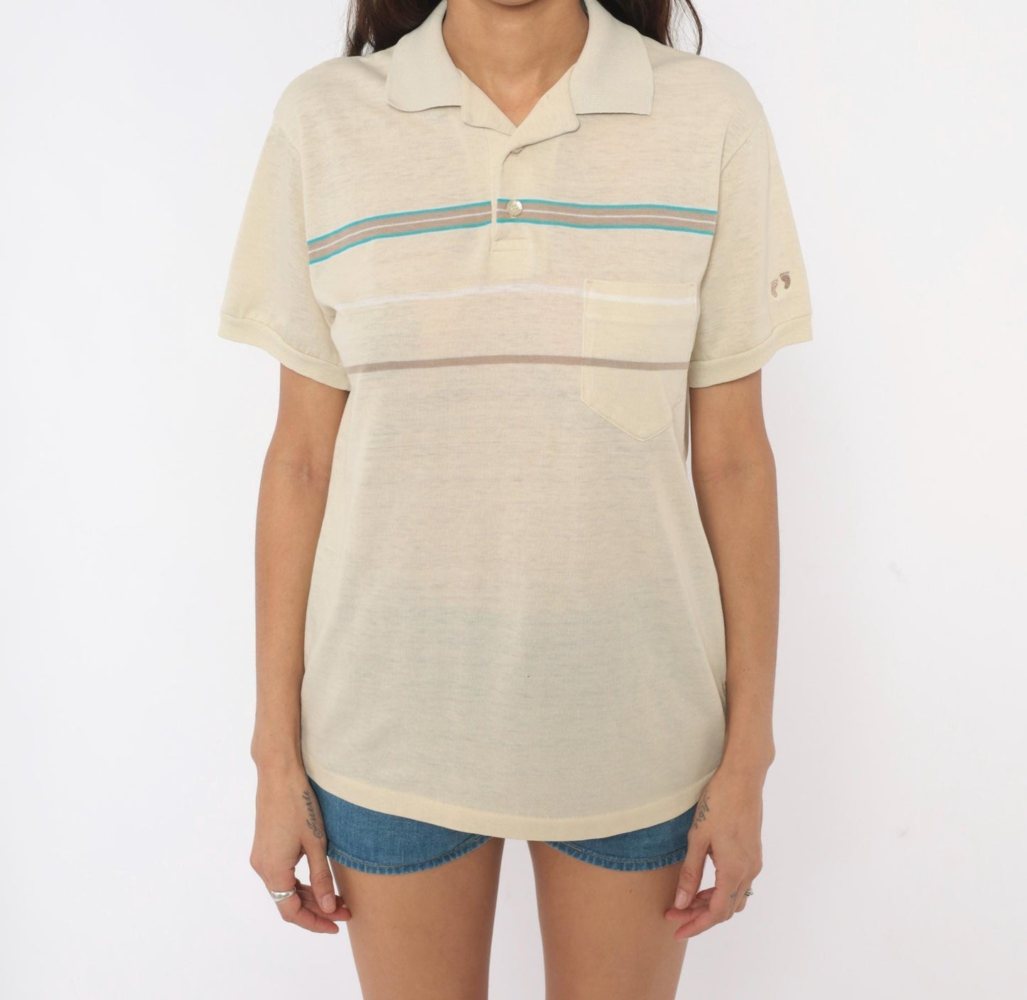 80s Hang Ten Polo Shirt Cream Teal Taupe Stripe Cotton Medium M
