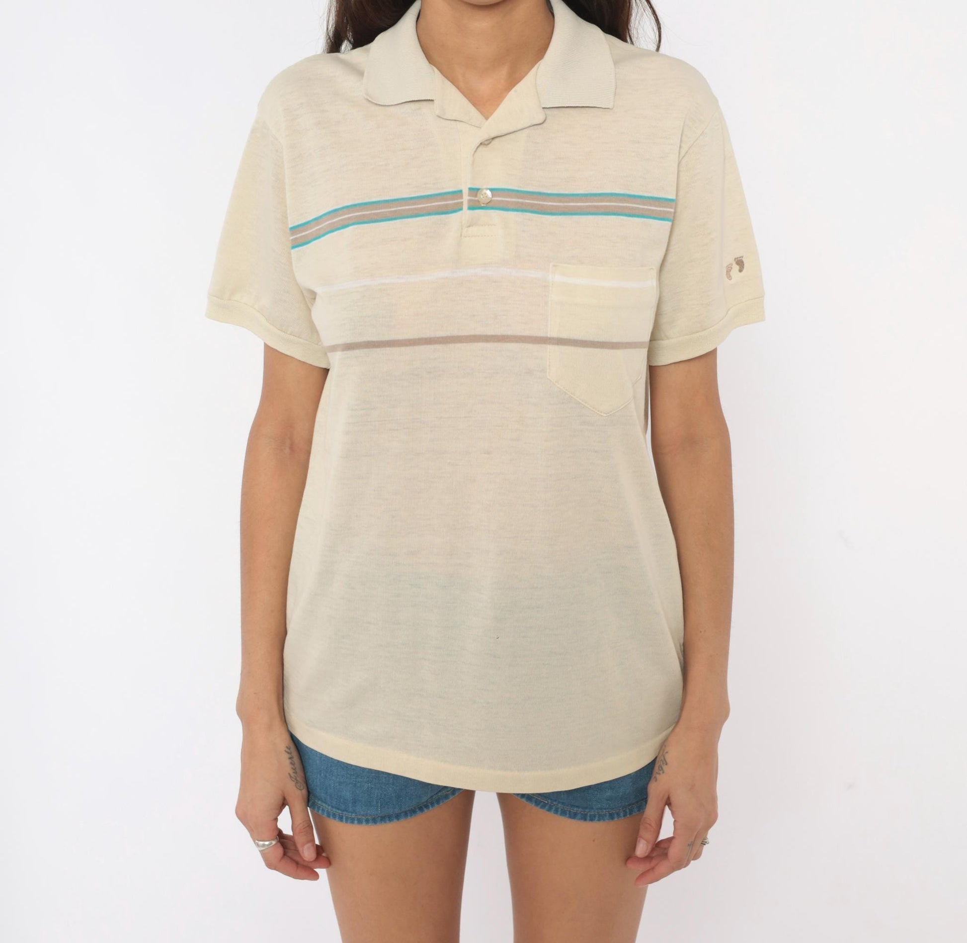 80s Hang Ten Polo Shirt Cream Teal Taupe Stripe Cotton Medium M