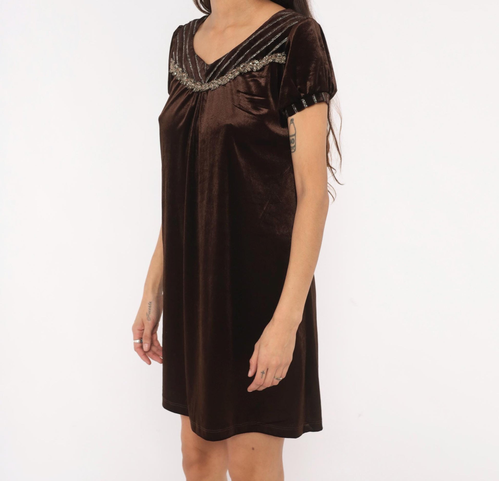 Y2K Chocolate Brown Velvet Mini Dress Puff Sleeve Beaded Small S