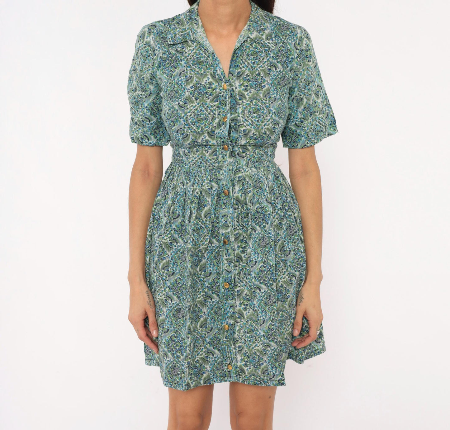 60s Penneys Brentwood Paisley Floral Shirtdress Blue Green Cotton Knee XS