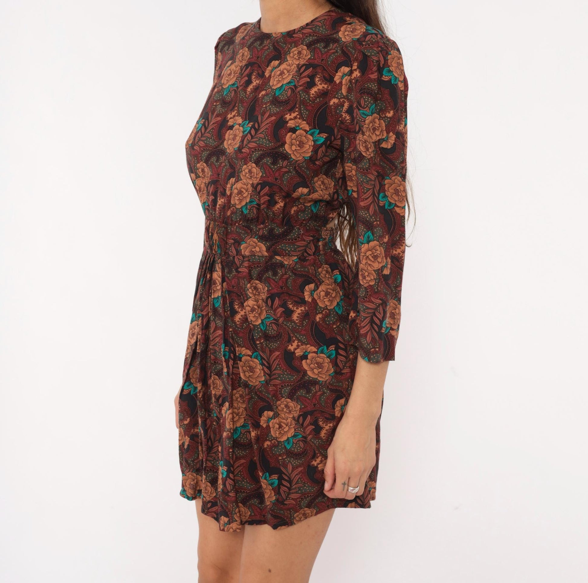 80s Karin Stevens Burgundy Floral Mini Dress Open Back Three Quarter Sleeve Medium