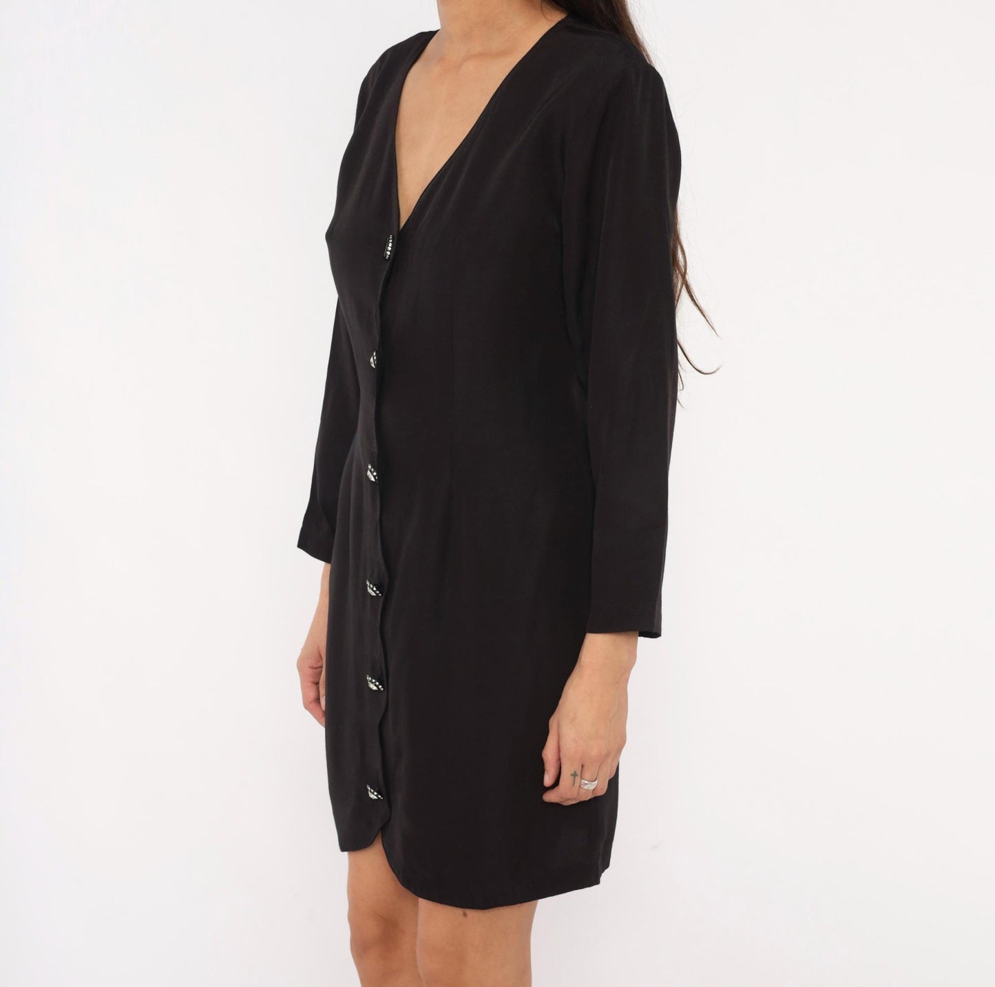 90s La Belle Black Mini Dress V-Neck Rhinestone Buttons Long Sleeve Medium M