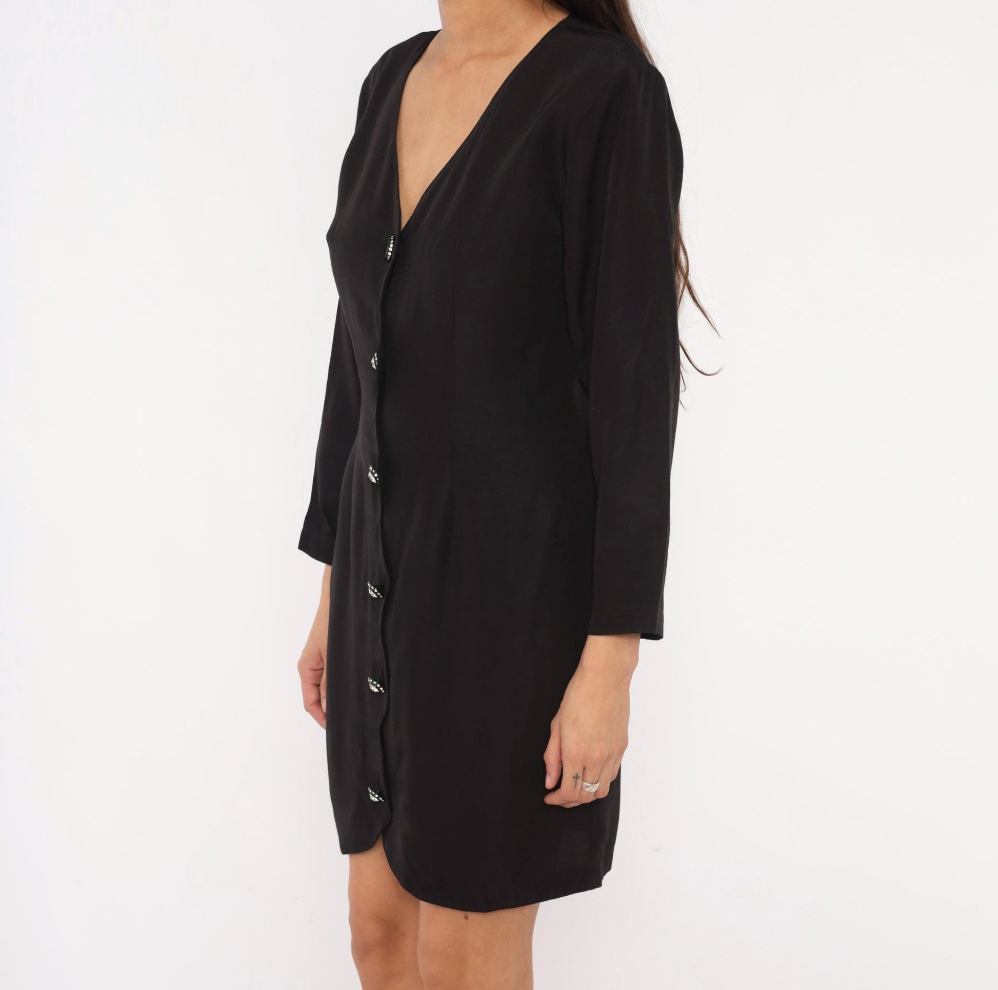 90s La Belle Black Mini Dress V-Neck Rhinestone Buttons Long Sleeve Medium M