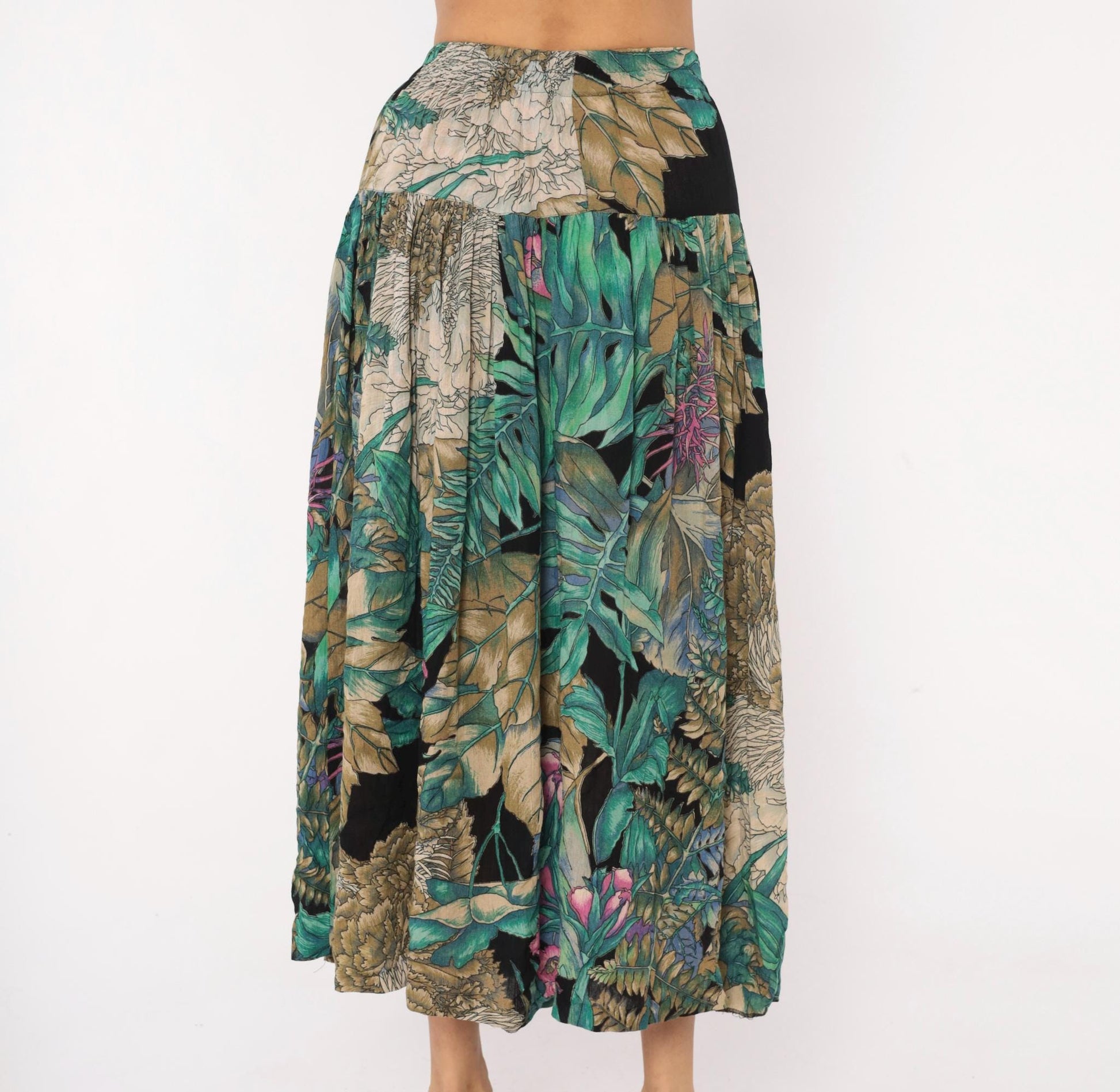 90s Karen Kane Tropical Botanical Midi Skirt Teal Olive Black Medium M