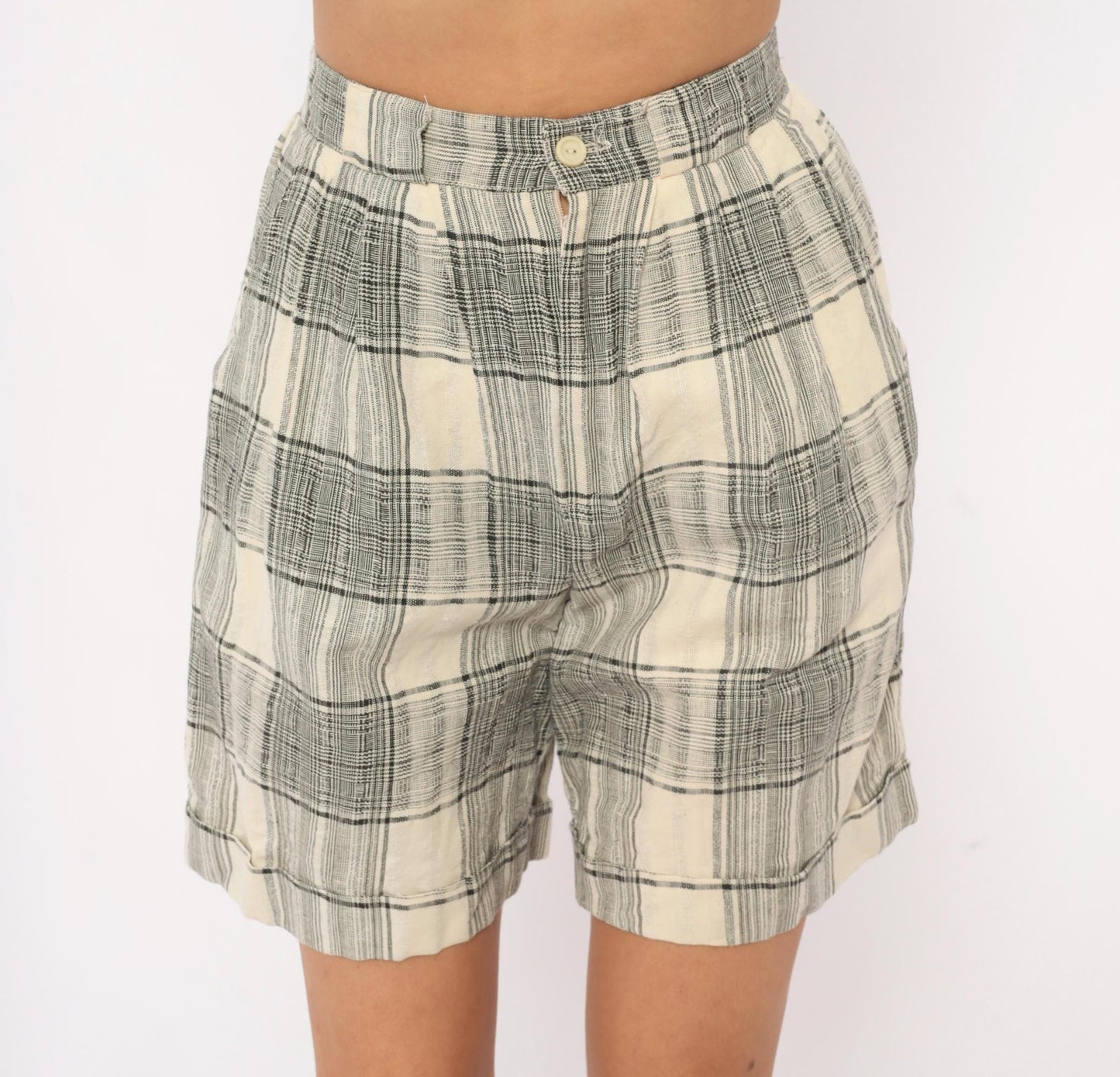 80s Fundamental Things Plaid Linen Bermuda Shorts Black Cream High Waist Pleated Extra Small