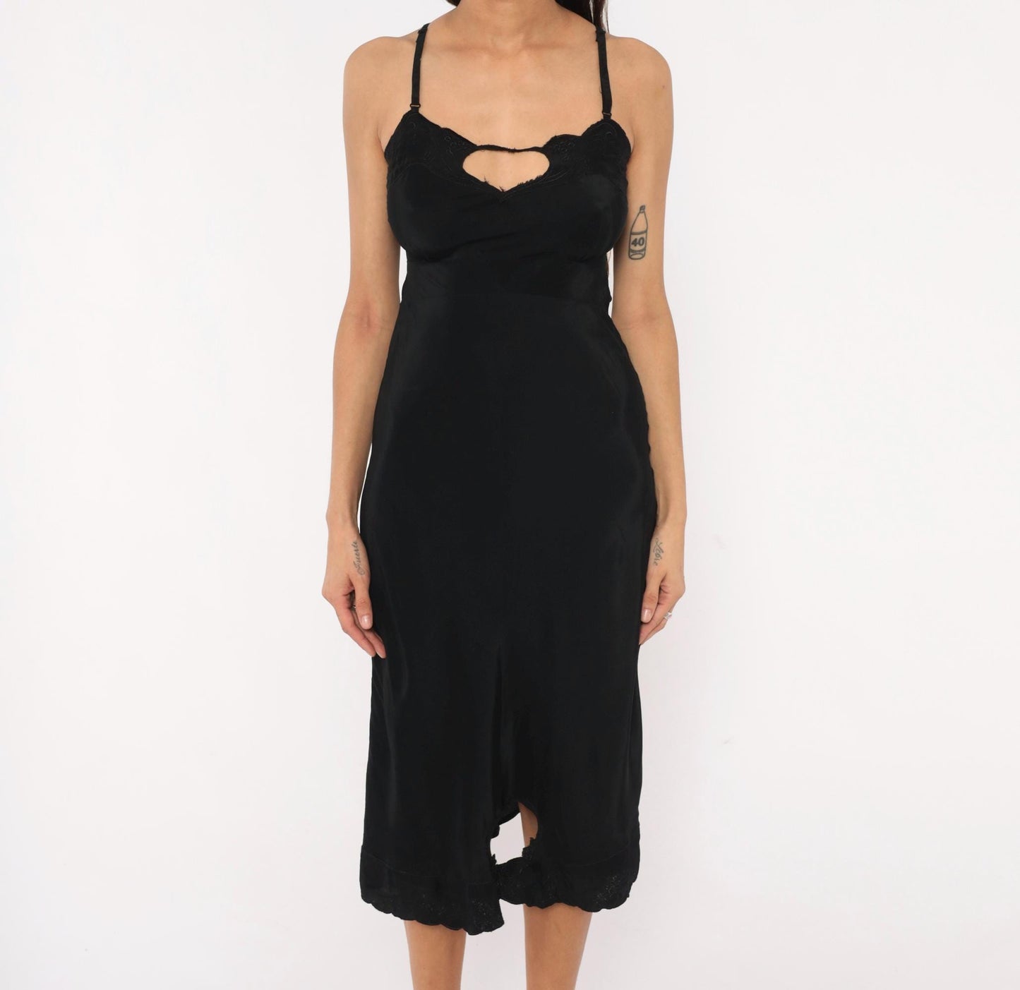 70s Black Silk Slip Dress Heart Cutout Lace Trim Spaghetti Strap Extra Small
