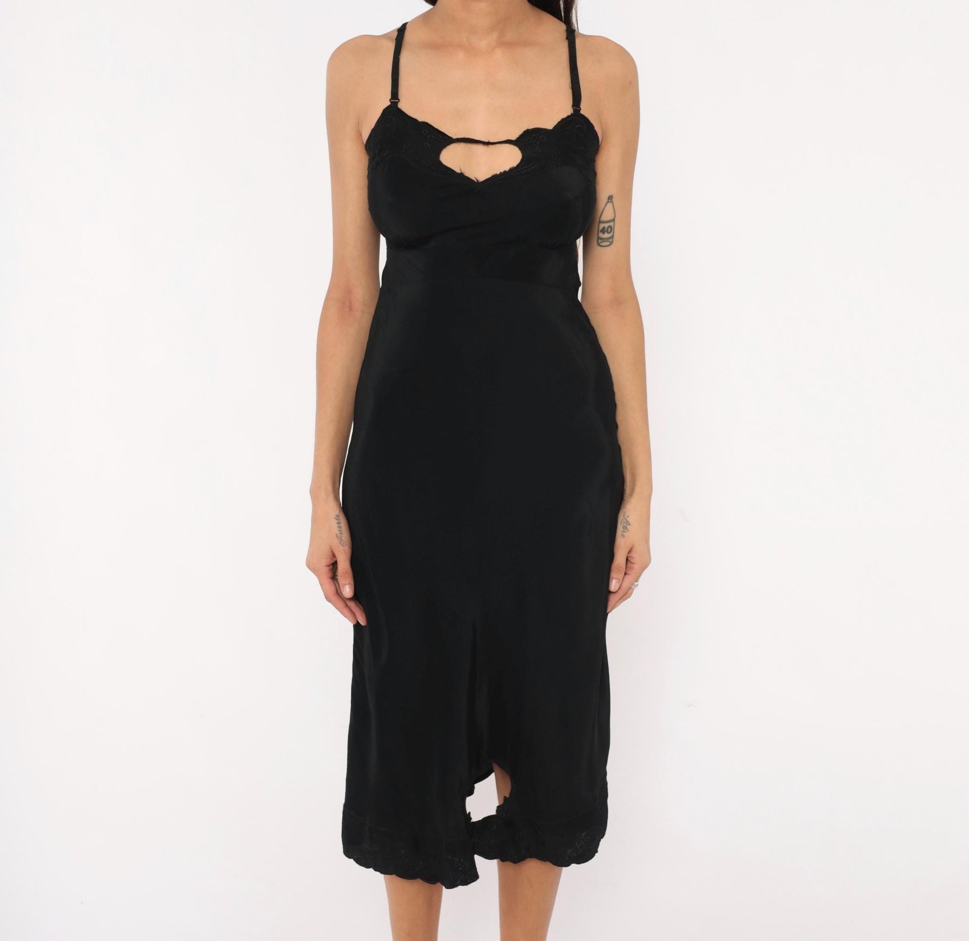 70s Black Silk Slip Dress Heart Cutout Lace Trim Spaghetti Strap Extra Small