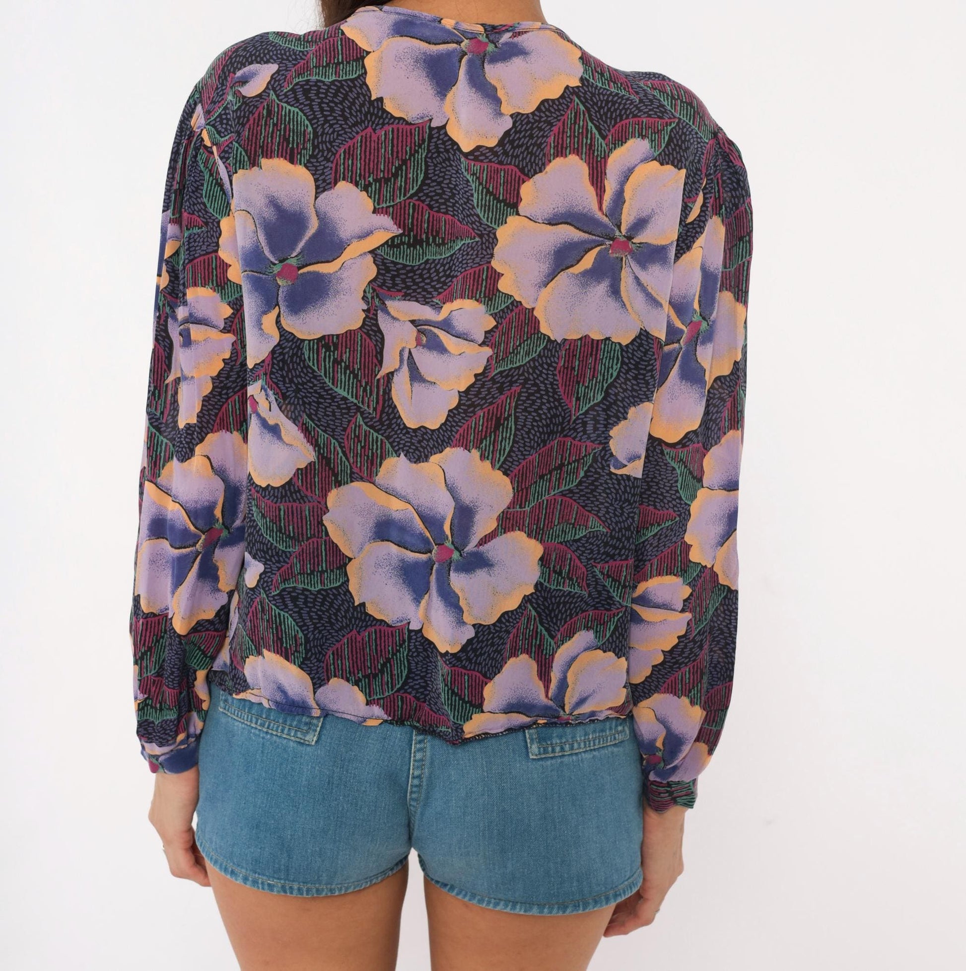 80s In Gear Ltd Tropical Hibiscus Tie-Neck Blouse Purple Lavender Teal Medium