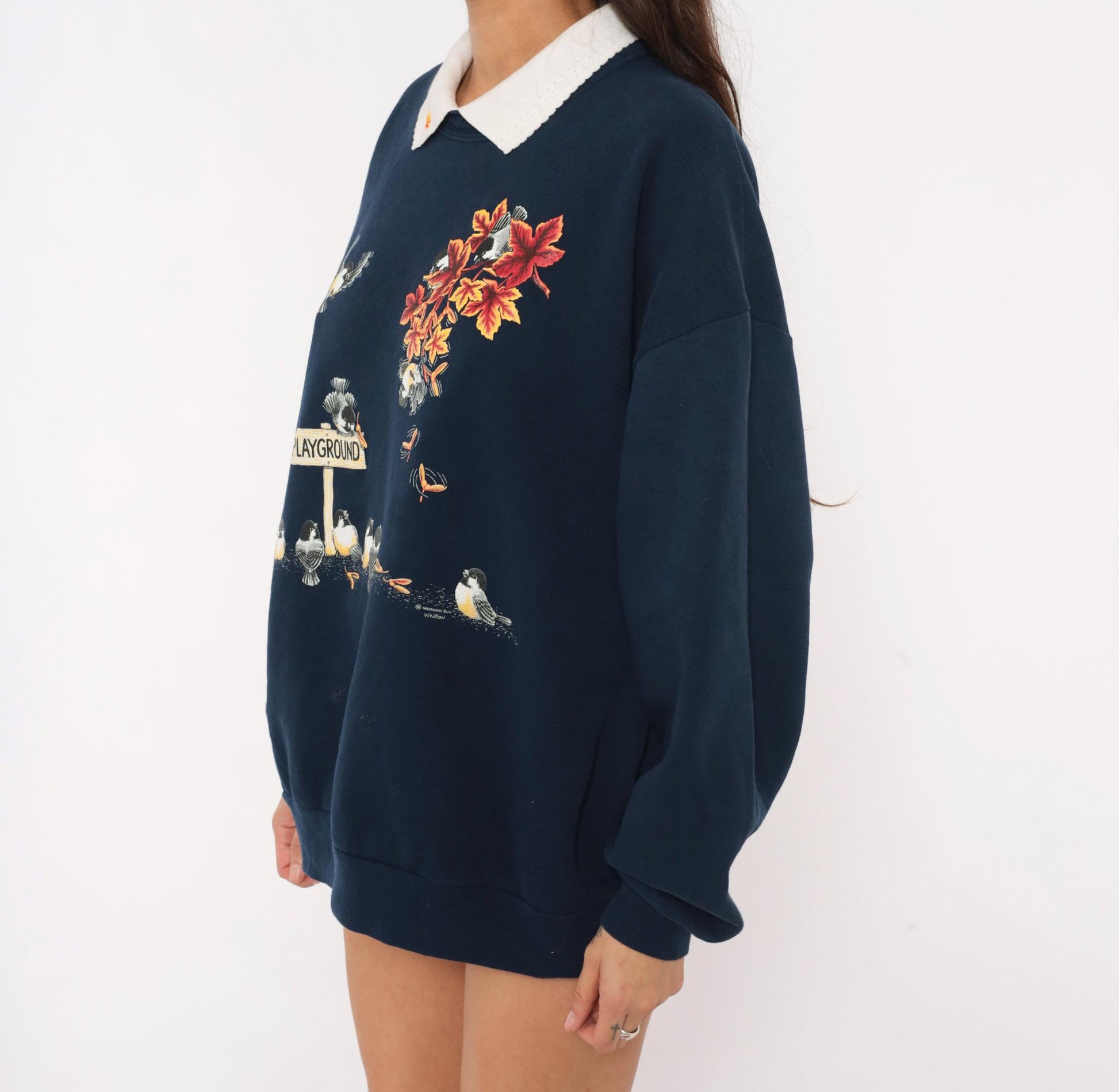 90s Morning Sun Chickadee Sweatshirt Navy Blue Autumn Leaves Collared Graphic Extra Large