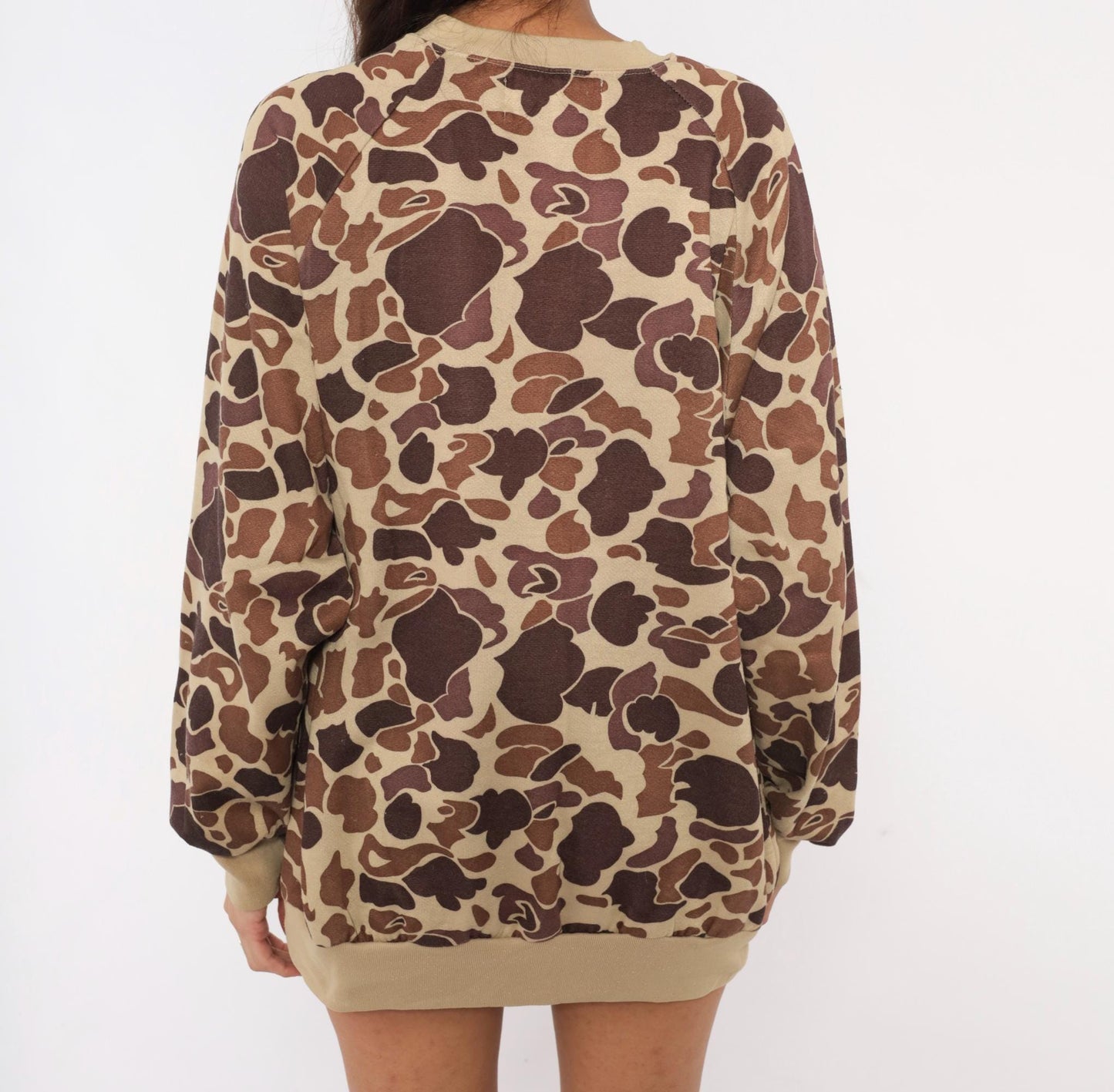 80s Duck Bay Camo Crewneck Sweatshirt Tan Brown Raglan Extra Large XL