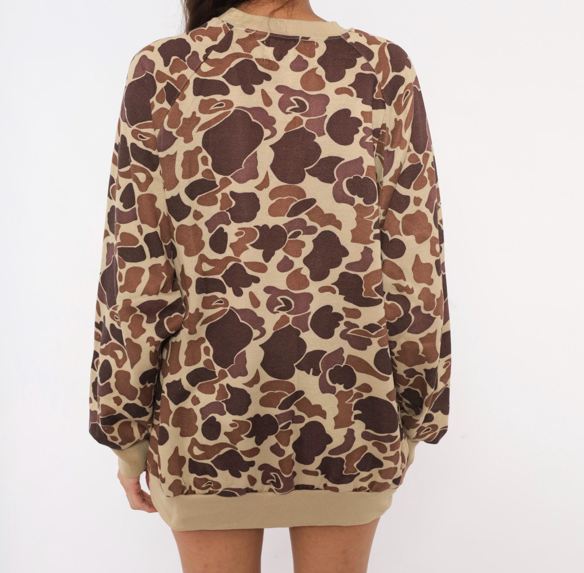 80s Duck Bay Camo Crewneck Sweatshirt Tan Brown Raglan Extra Large XL