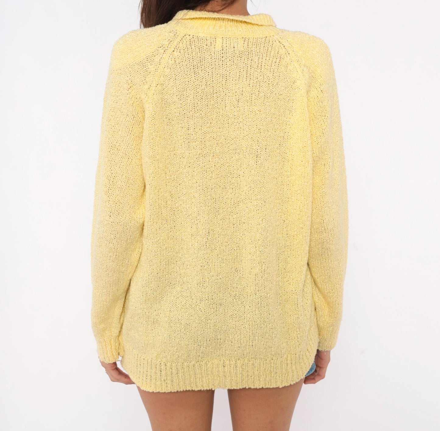 80s Miranda Cable Knit Polo Sweater Yellow Collared Pearl Button Large L