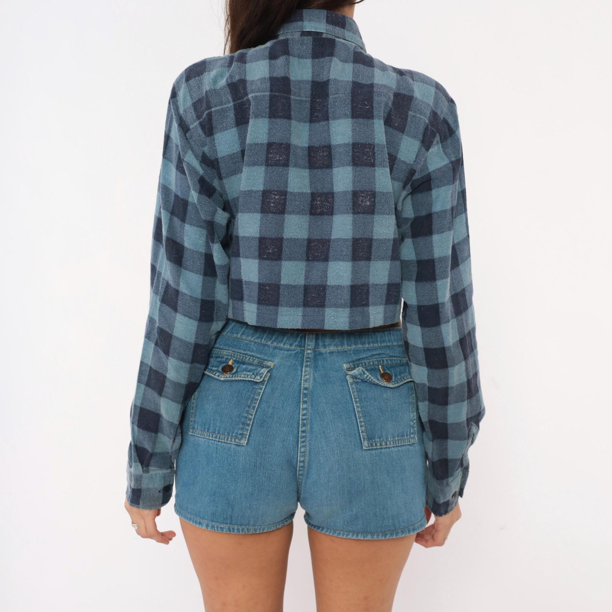 90s Dickies Buffalo Plaid Flannel Shirt Cropped Blue Navy Cotton Small