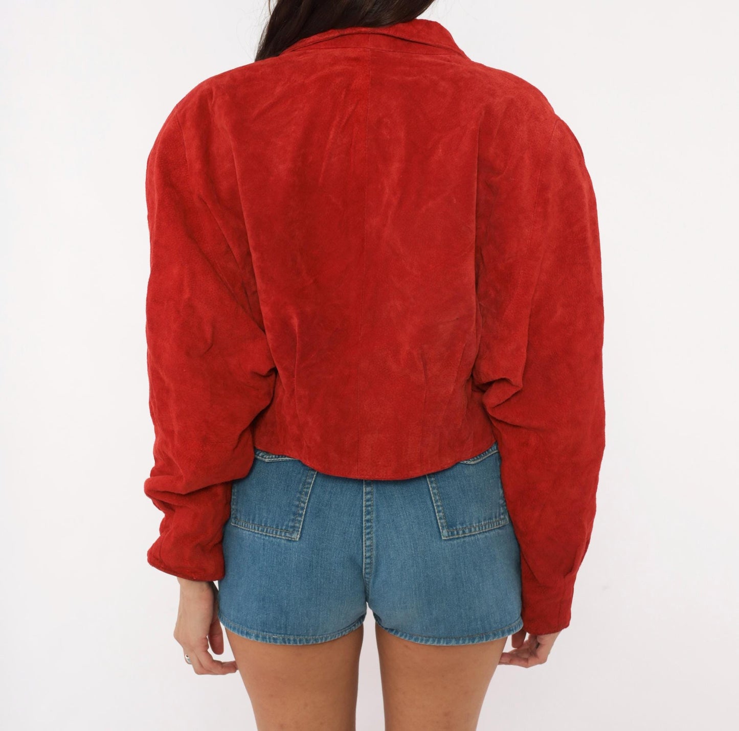 80s Wilsons Red Suede Cropped Jacket Dolman Sleeve Shawl Collar Large L