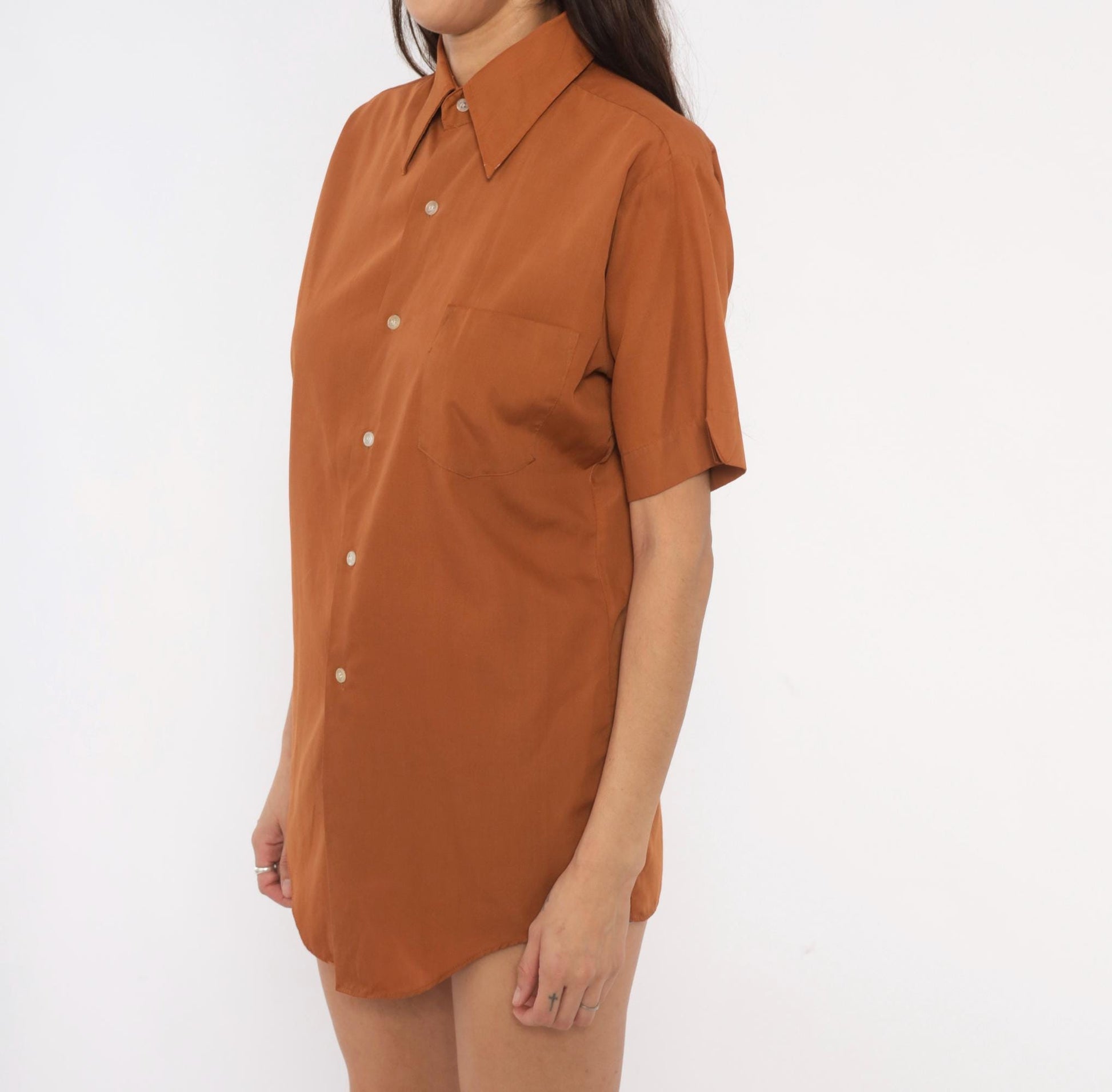 70s Fleetline Rust Button-Up Shirt Pointed Collar Short Sleeve Small