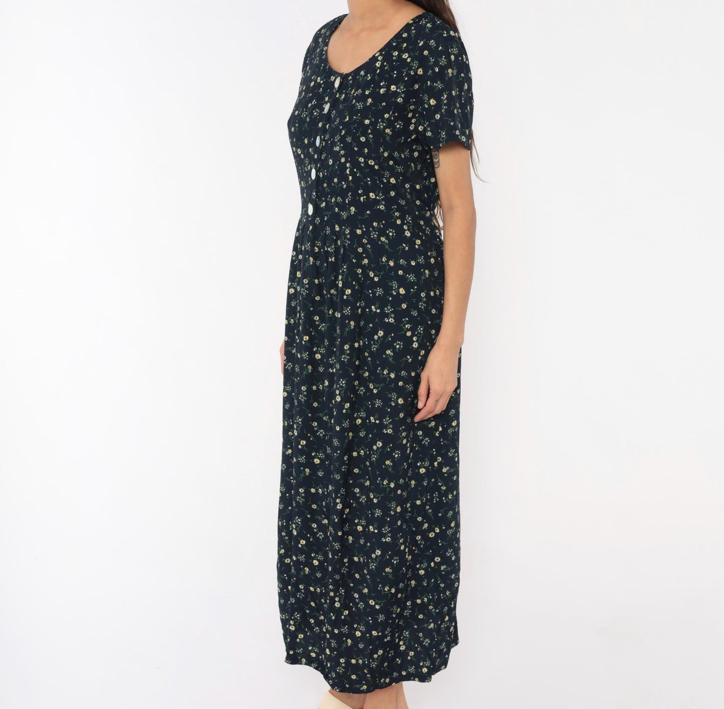 90s Liz Baker Essentials Navy Floral Maxi Dress Yellow Daisy Button Front Medium